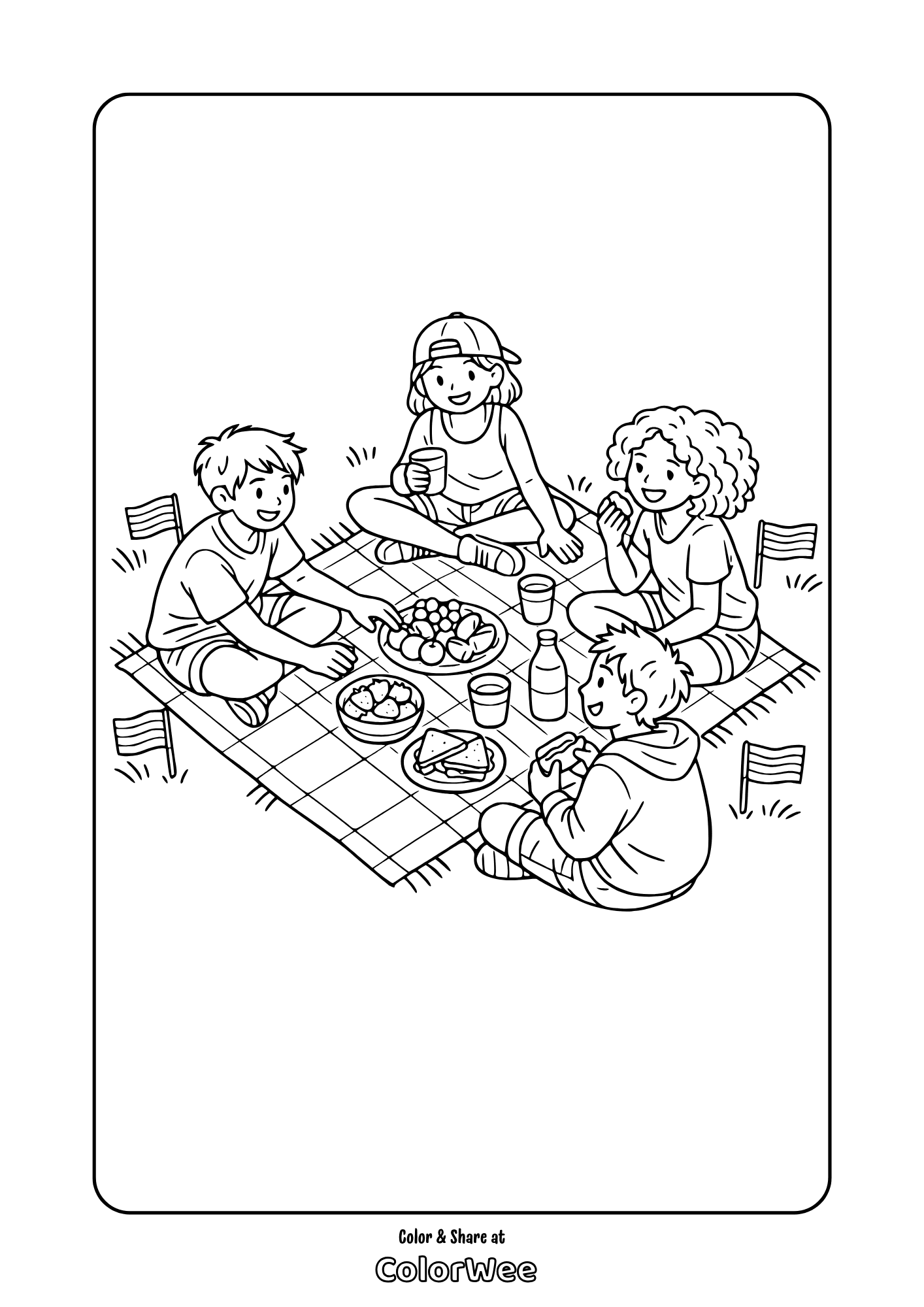 Printable kids picnic coloring page - four children eating on a blanket celebrating pride month.