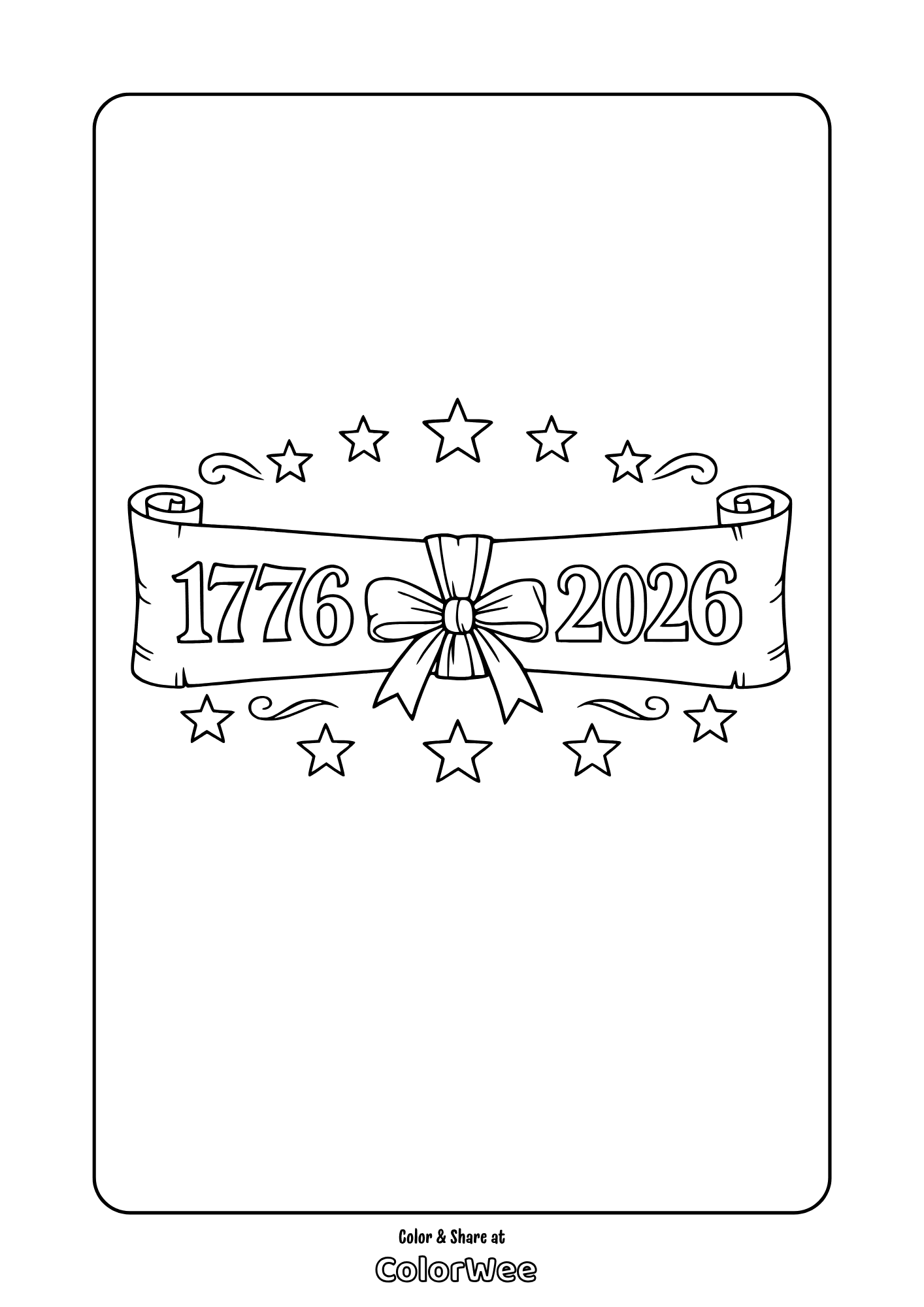 1776–2026 stars banner printable coloring page, patriotic picture to color
