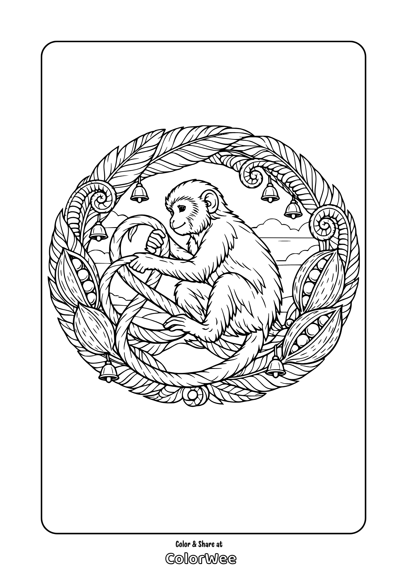 Cute monkey in jungle vines with leaves and bells coloring page