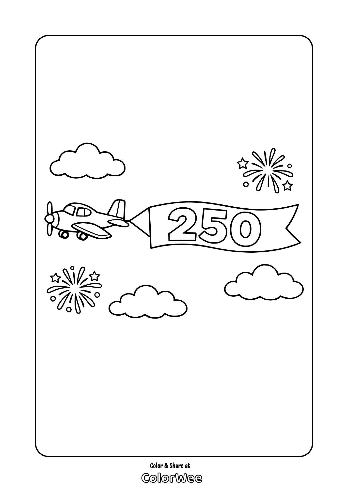 Airplane banner 250 with clouds, fireworks printable coloring page