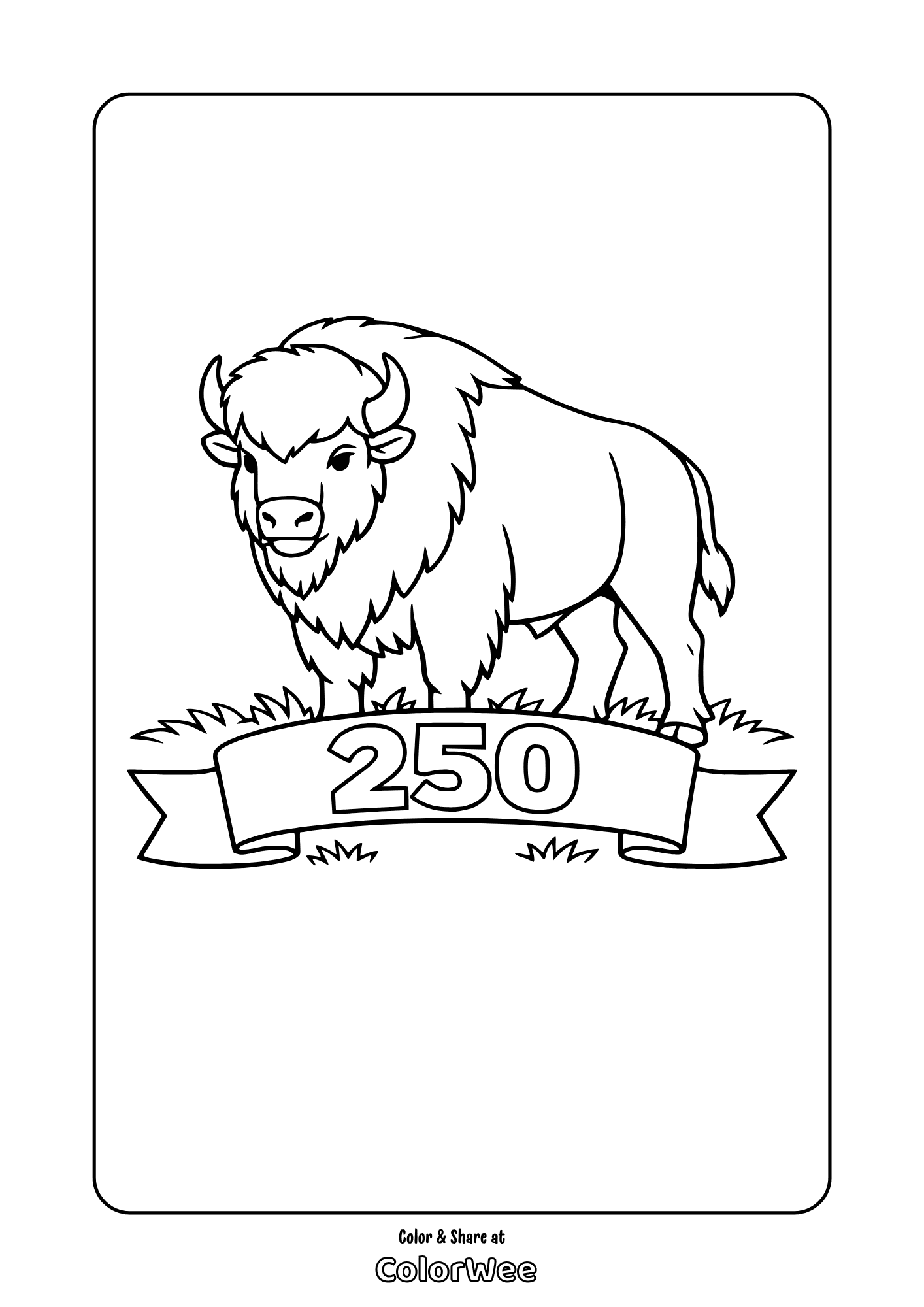 Bison 250 banner printable coloring page, buffalo picture to color for kids