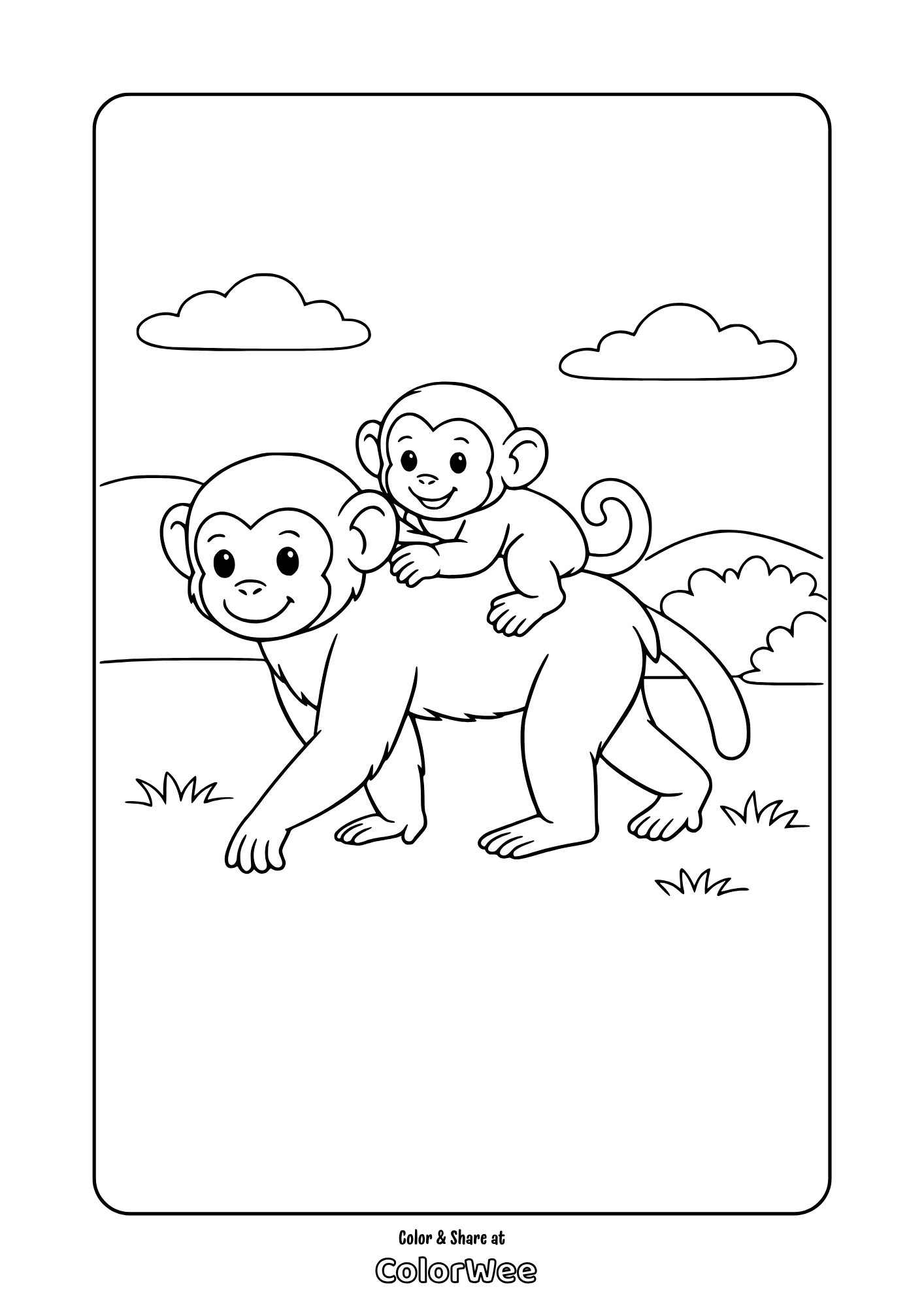 Cute mother and baby monkey in nature coloring page for kids