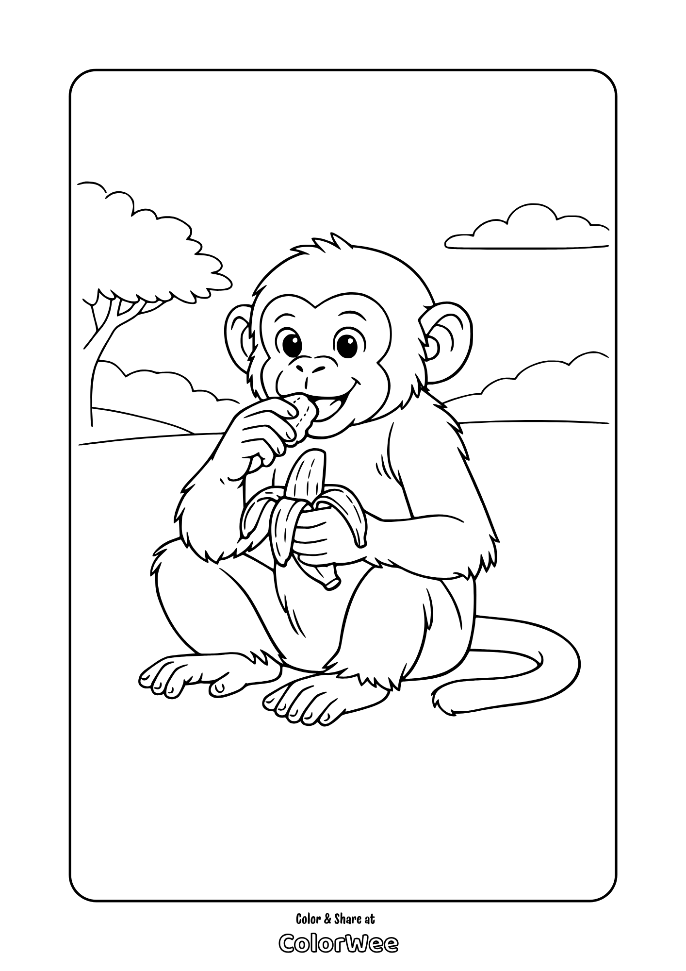 Cute monkey eating a banana in the jungle coloring page for kids