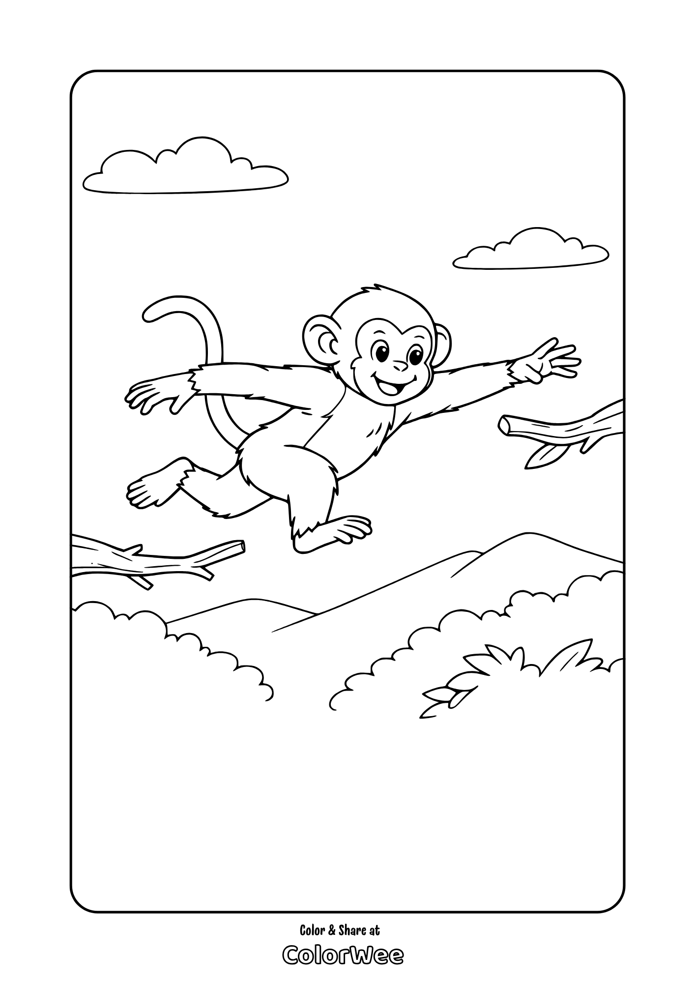Cute baby monkey jumping in jungle coloring page.