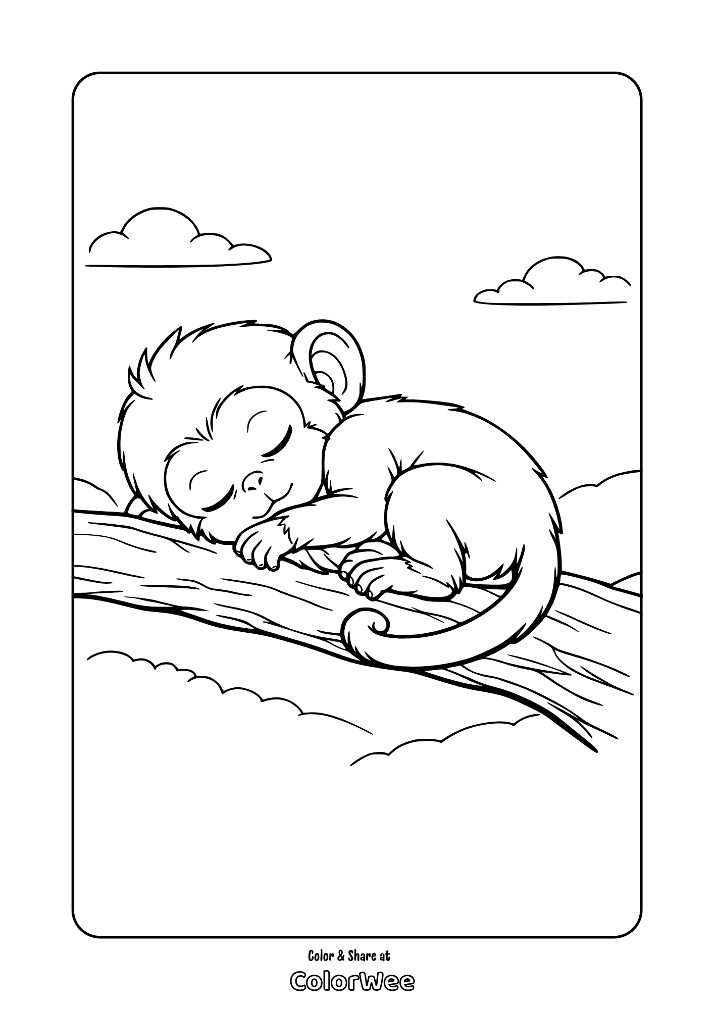 Cute sleeping baby monkey on tree branch jungle coloring page for kids
