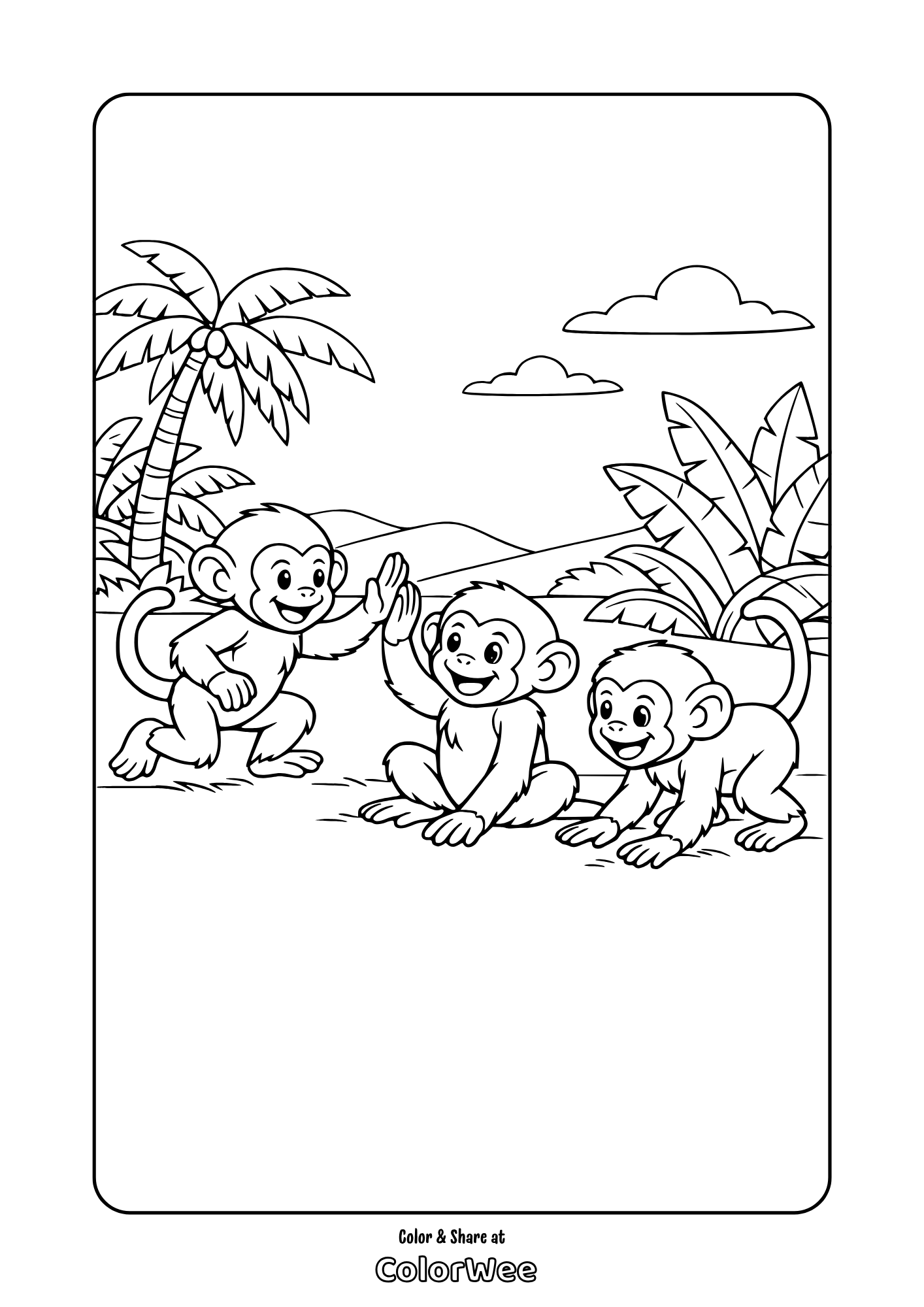 Three playful jungle monkeys high five under palm trees coloring page