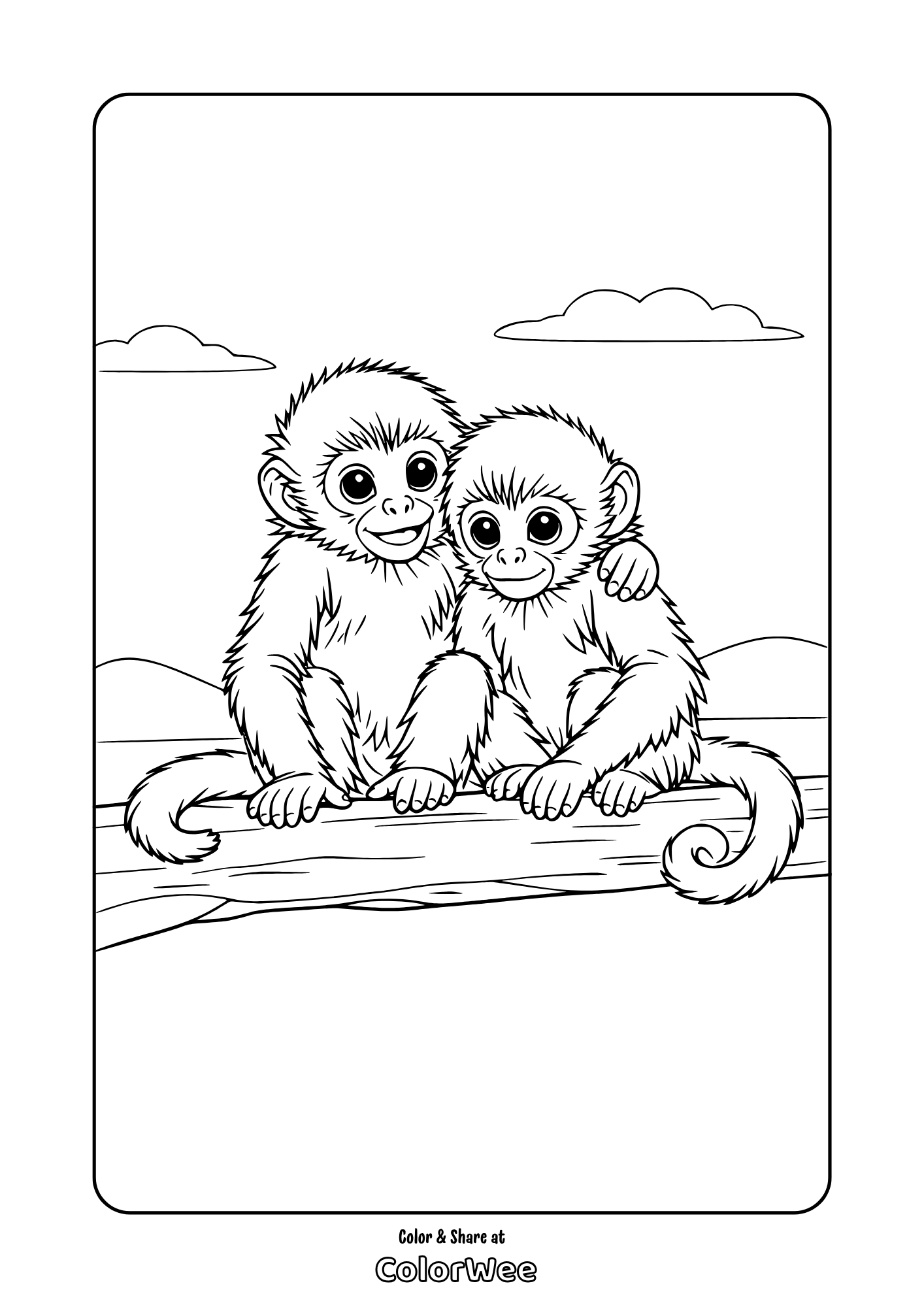 Two baby monkeys hugging on a log coloring page