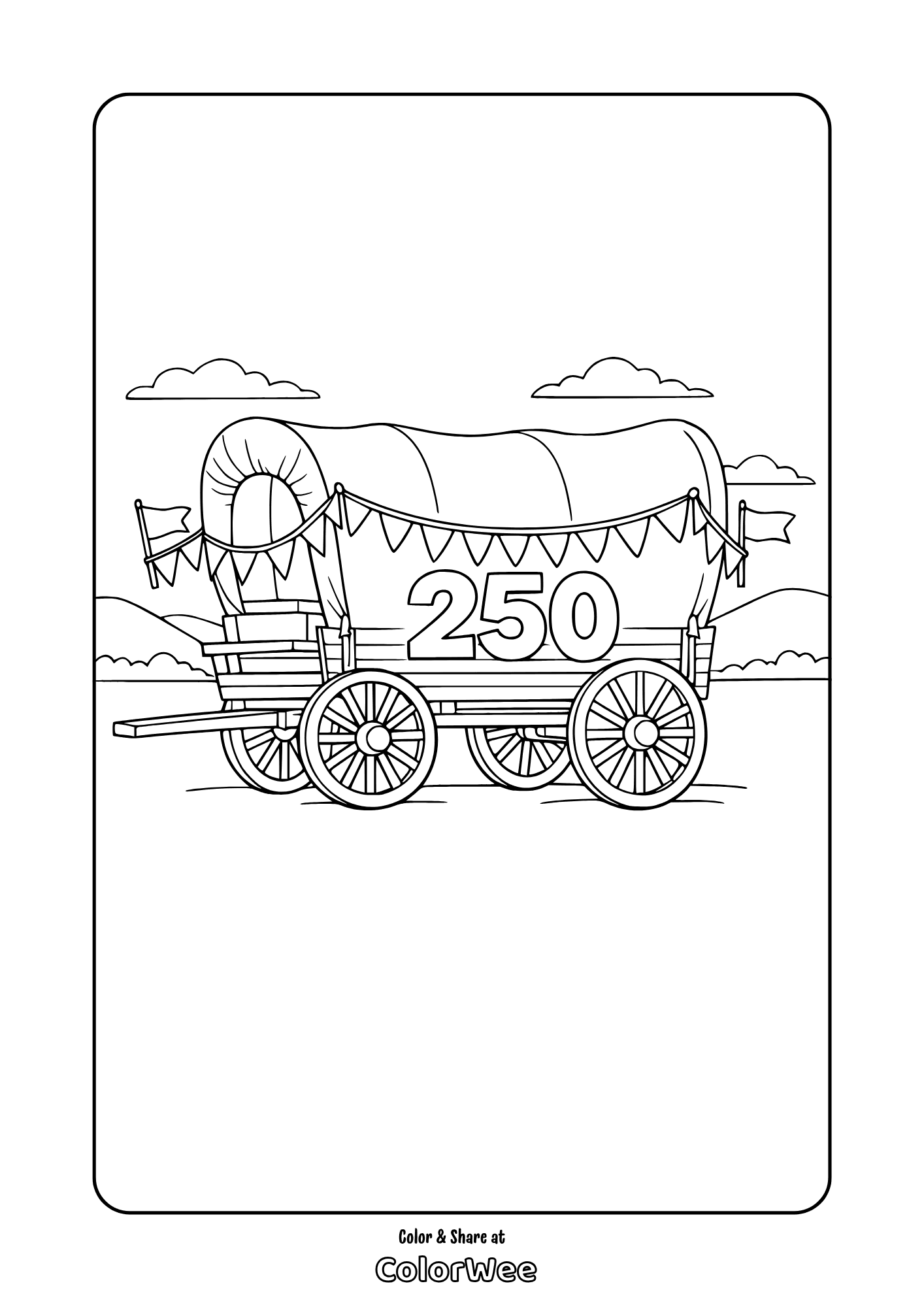 Covered wagon 250 printable coloring page - pioneer cart picture to color