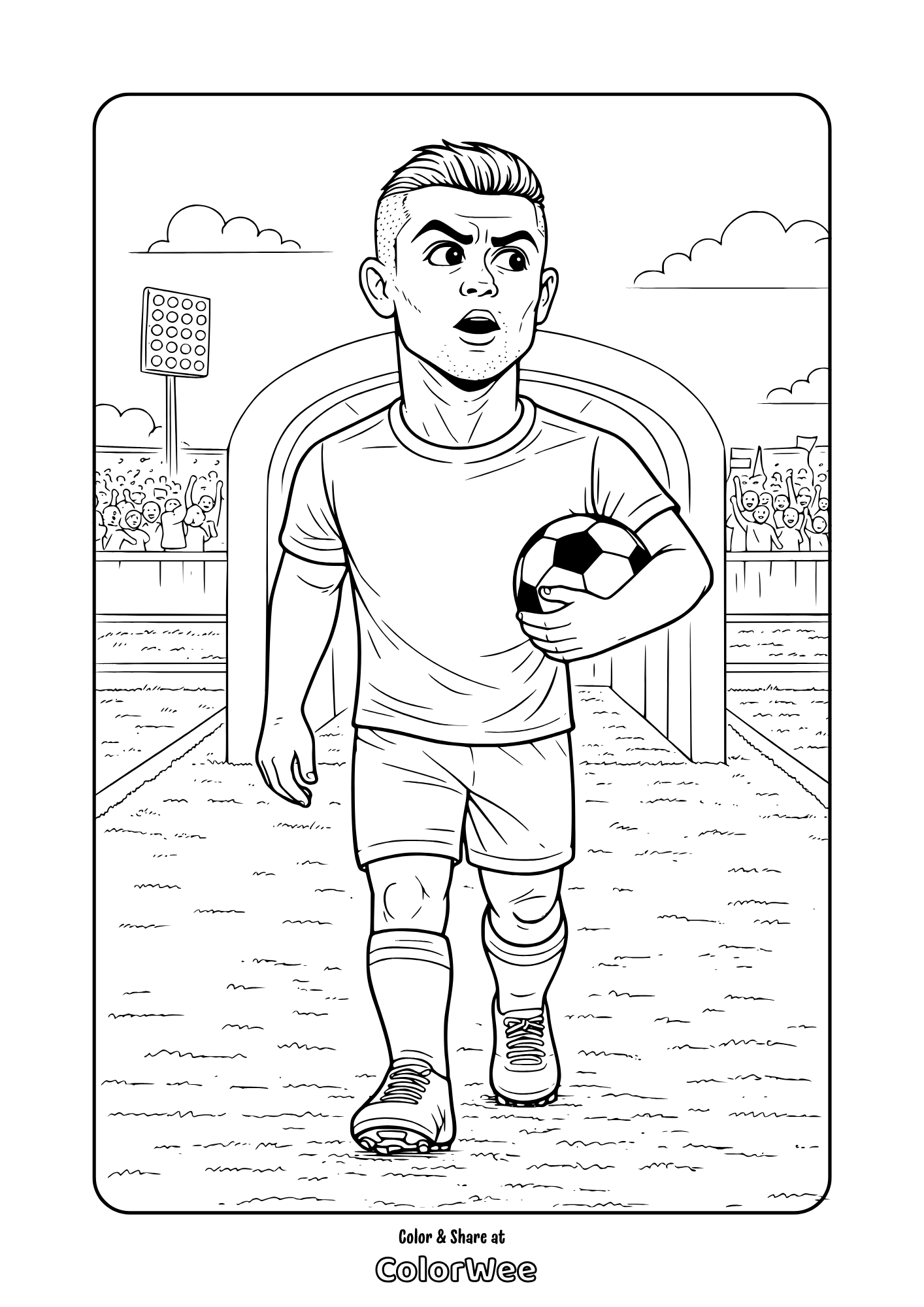 Cristiano Ronaldo leaving tunnel holding ball—stadium crowd coloring page.