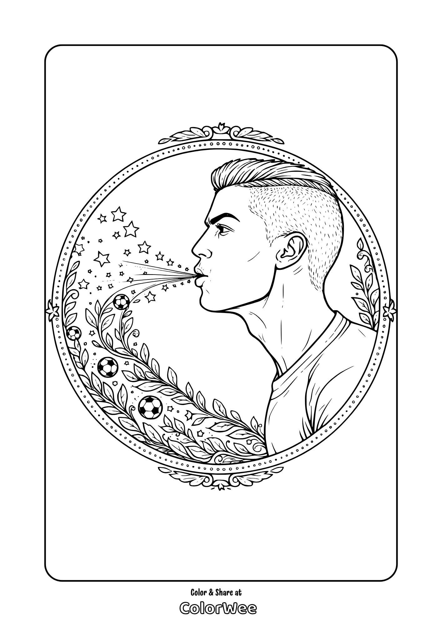 Printable Cristiano Ronaldo profile coloring page with stars and soccer balls