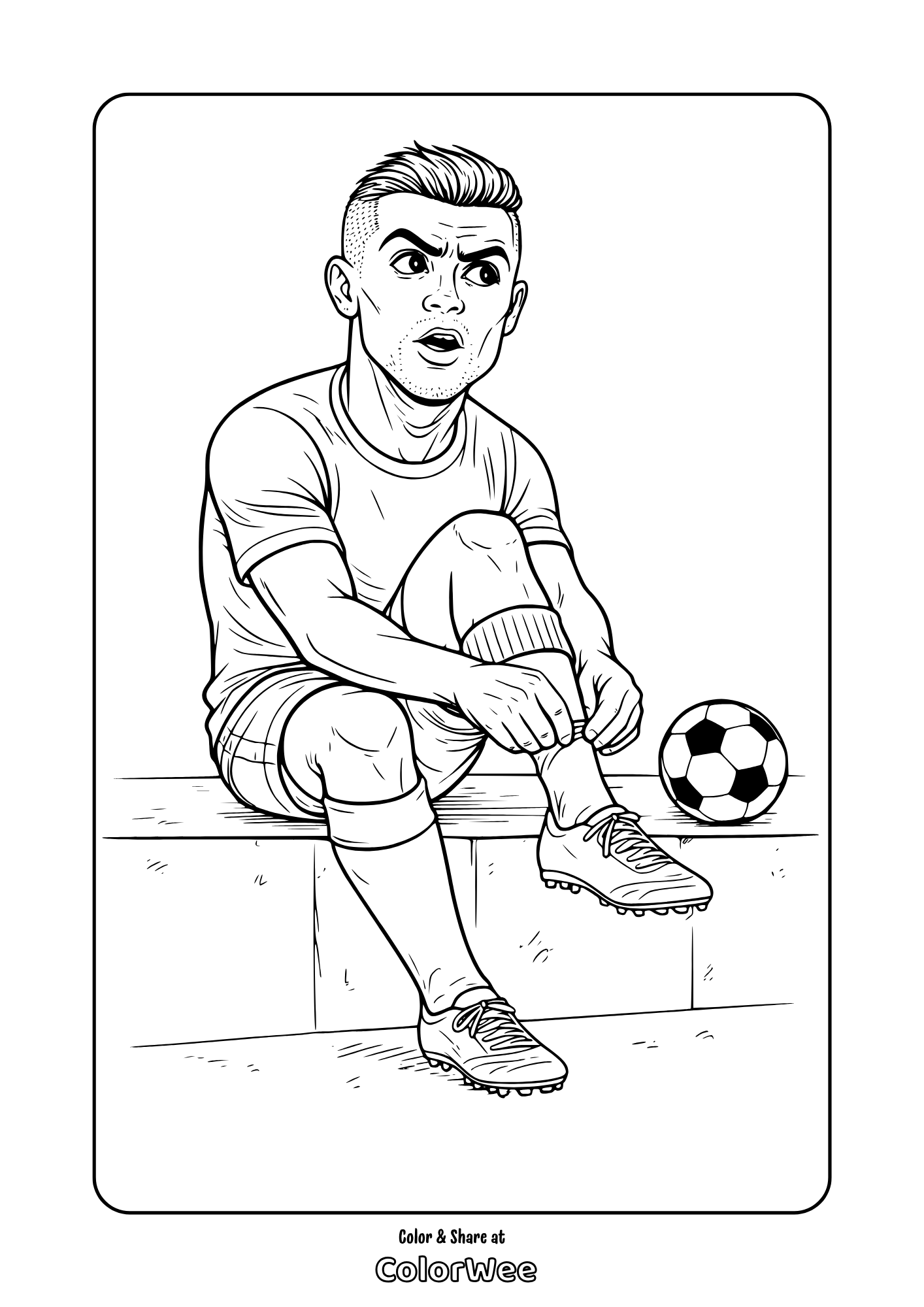 Cristiano Ronaldo coloring page: player tying cleats on bench with football
