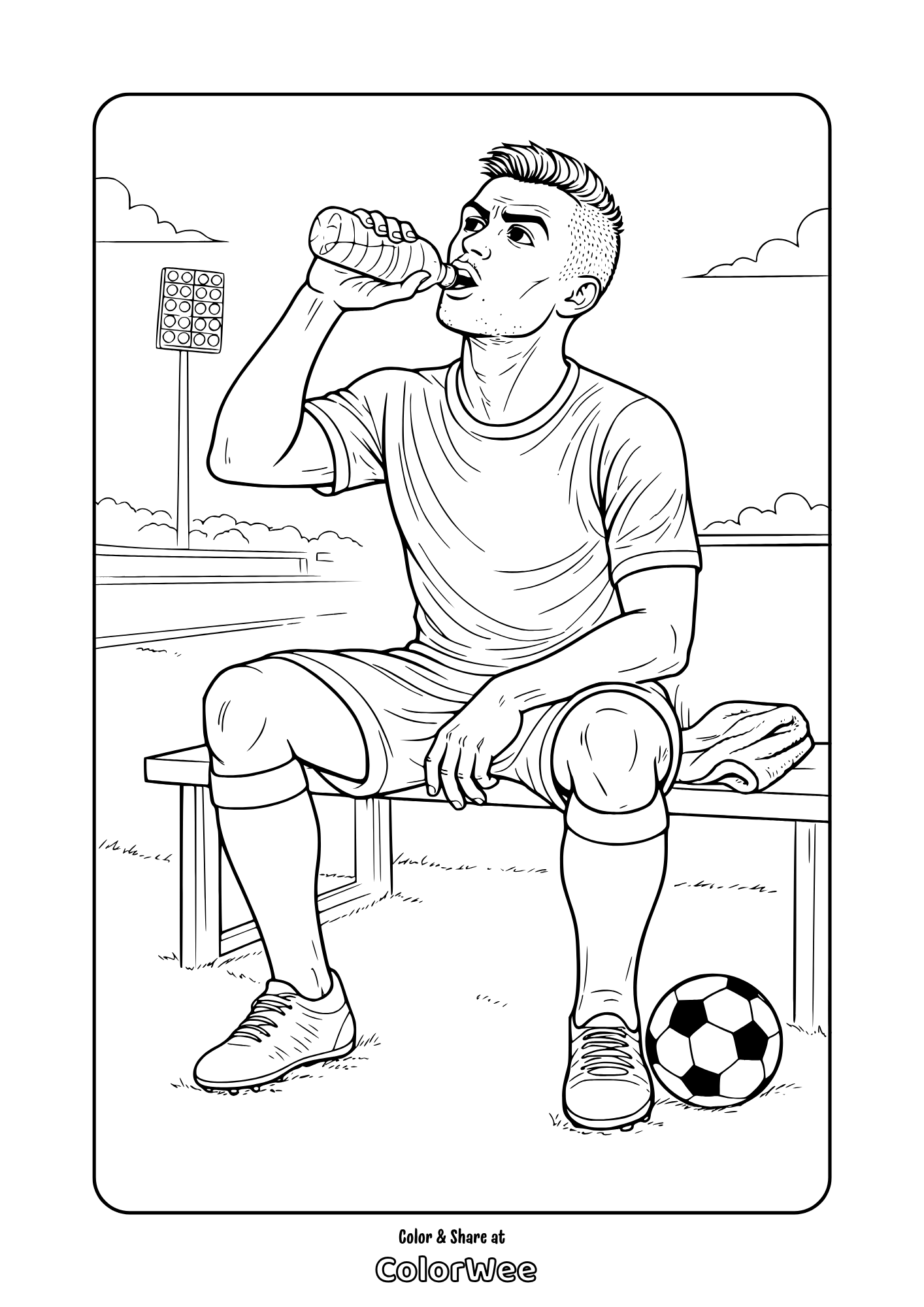 Cristiano Ronaldo hydrating on bench coloring page with ball on field