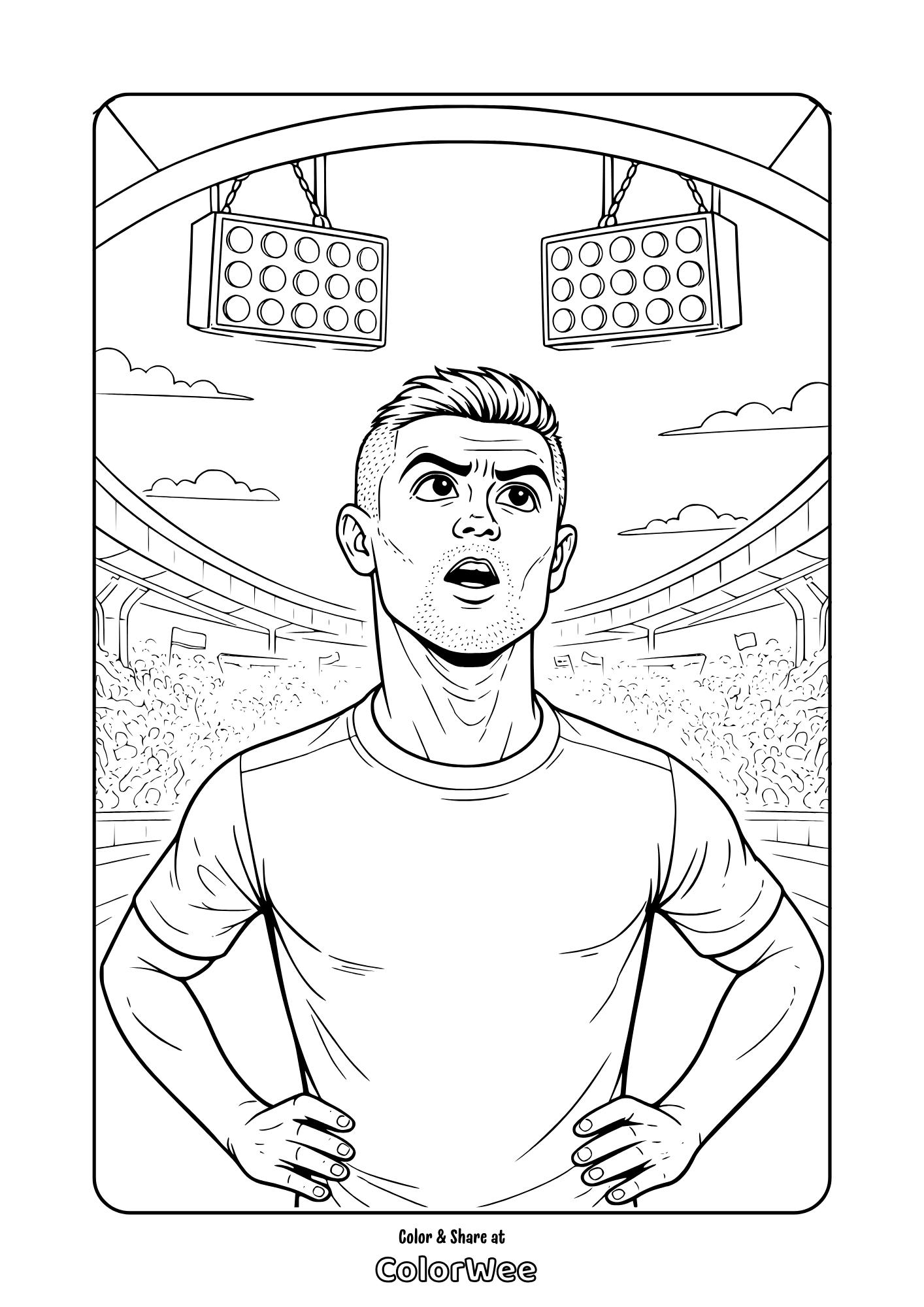 Printable Cristiano Ronaldo coloring page in stadium with crowd and lights