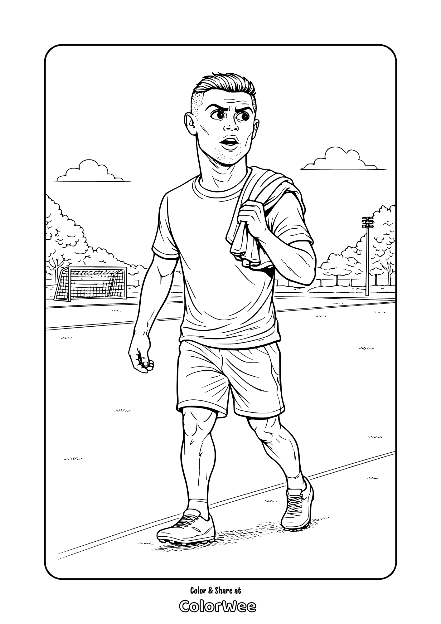 Cristiano Ronaldo walking on training field coloring page for kids to print