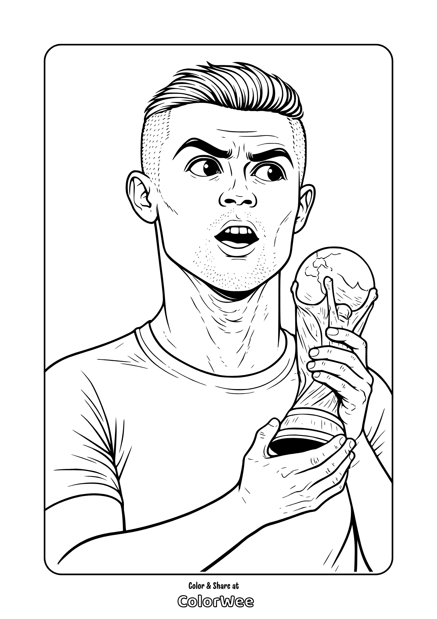 Printable Cristiano Ronaldo holding World Cup FIFA trophy coloring page