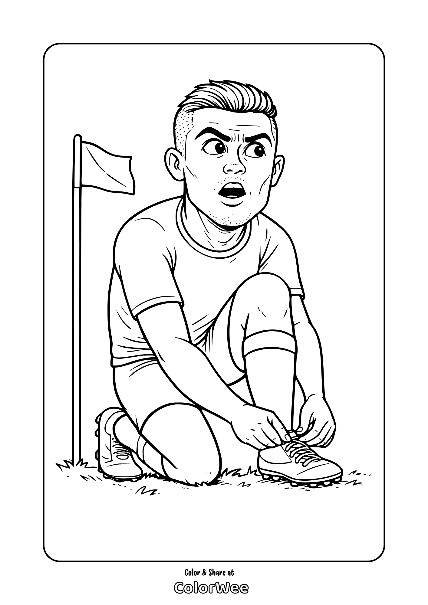 Free Cristiano Ronaldo coloring page: player tying cleats by corner flag