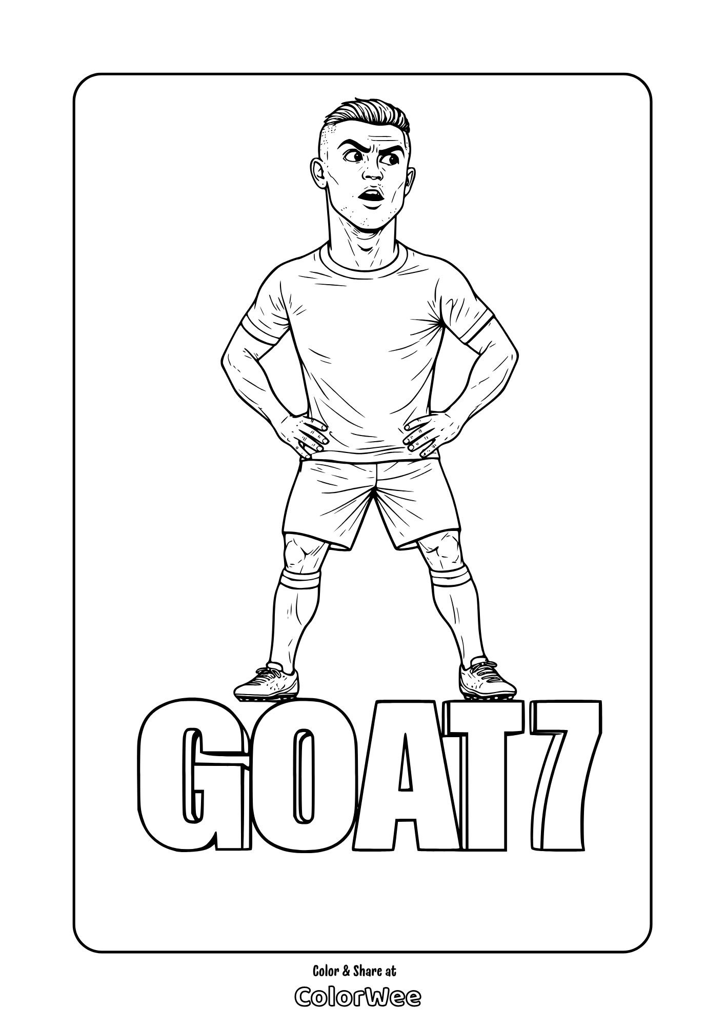 GOAT7 Cristiano Ronaldo coloring page, famous star standing with hands on hips