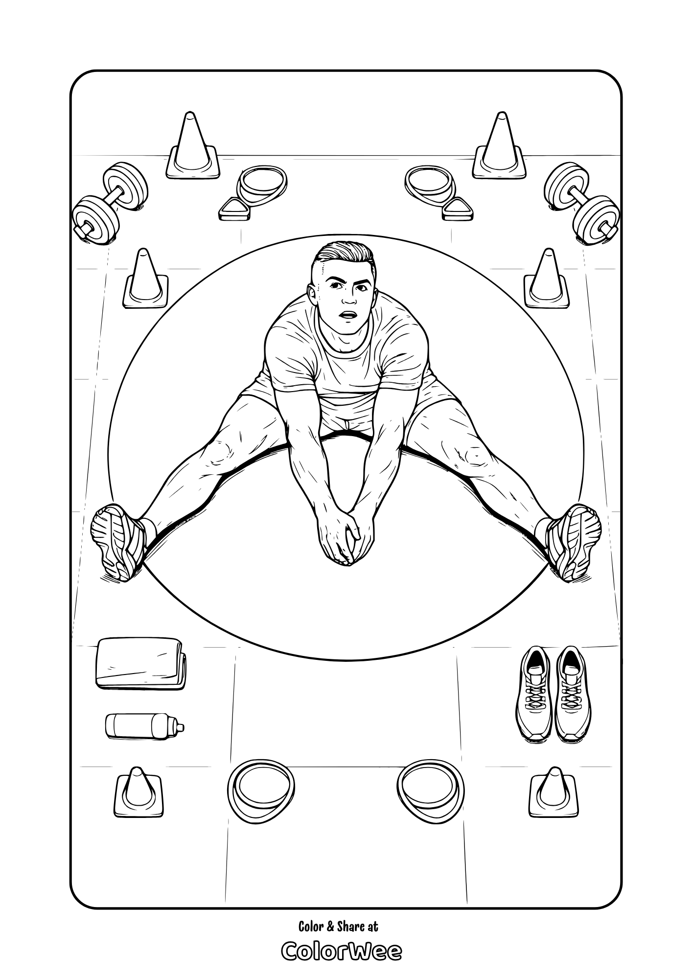 Workout coloring sheet :Cristiano Ronaldo in seated straddle stretch on gym mat