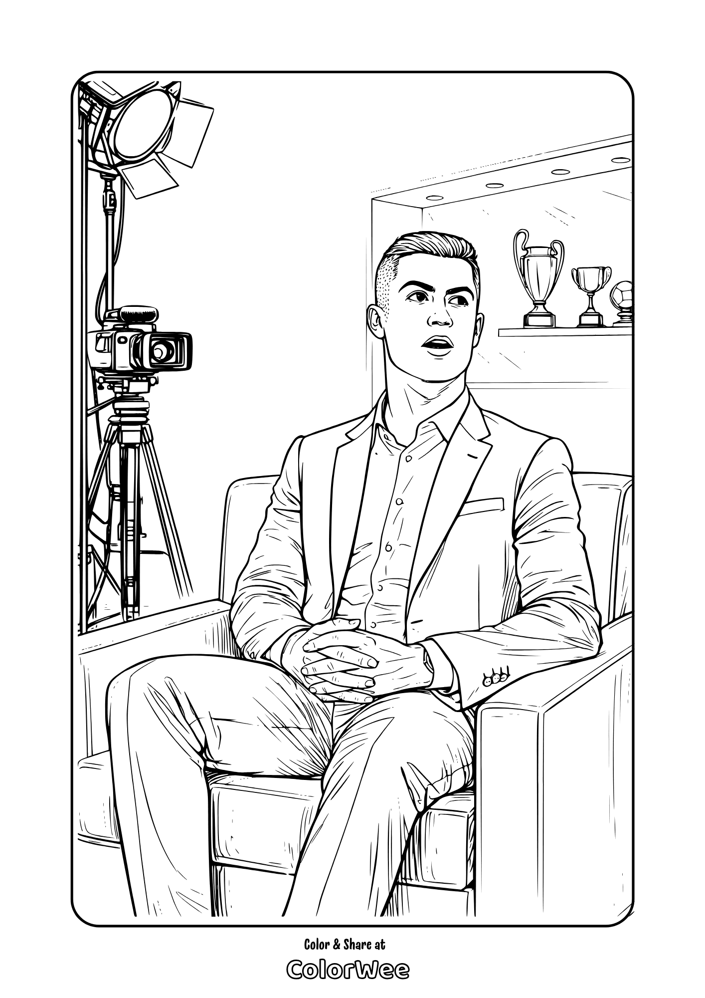 Cristiano Ronaldo interview coloring sheet with camera, lights, and trophies