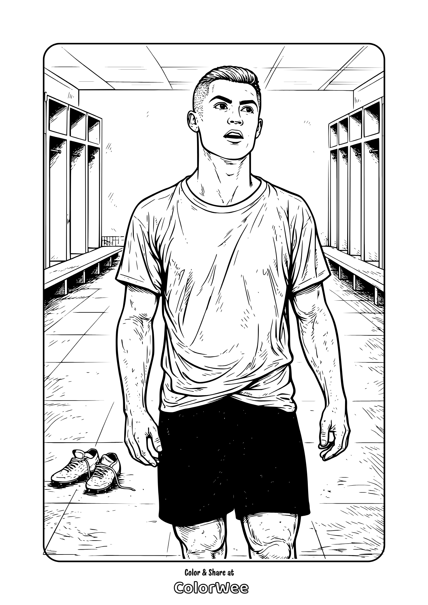 Cristiano Ronaldo in locker room coloring sheet with cleats on floor
