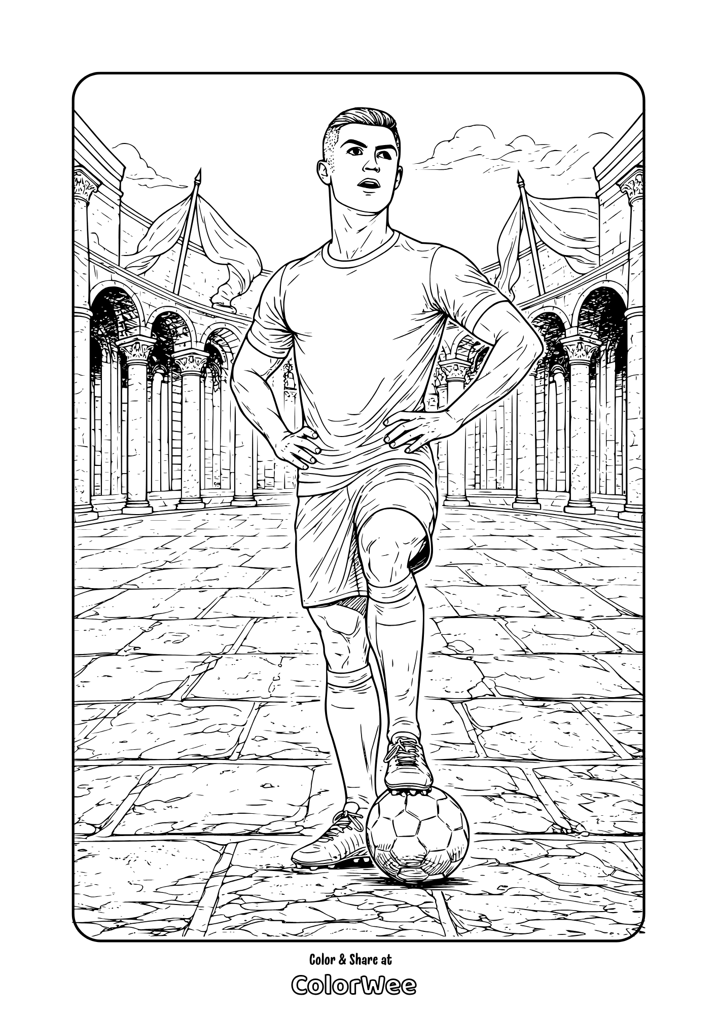 Printable Cristiano Ronaldo with ball in ancient courtyard coloring page