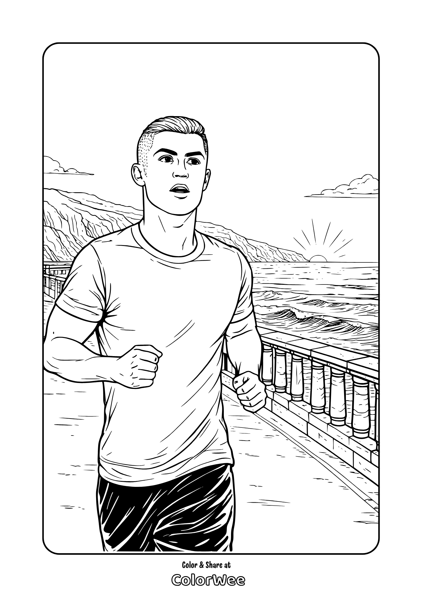 Cristiano Ronaldo running on coastal path at sunrise printable coloring sheet