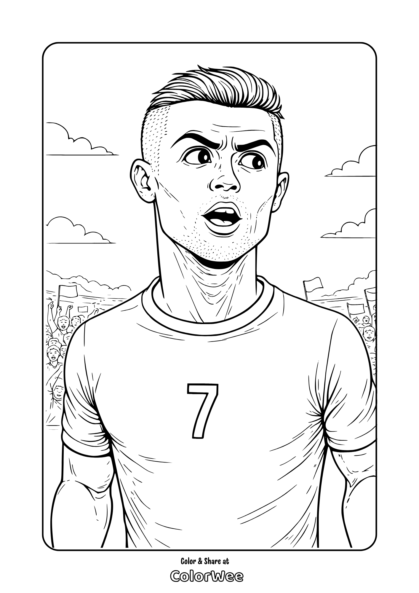 Cristiano Ronaldo number #7 coloring page with cheering fans in stadium
