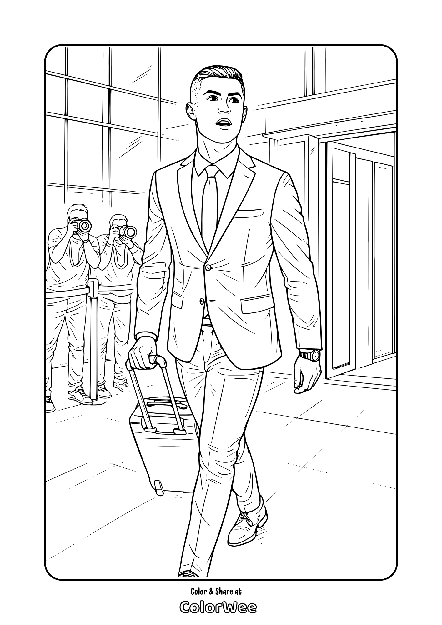 Stylish Cristiano Ronaldo with carry-on at airport, paparazzi snapping – coloring page