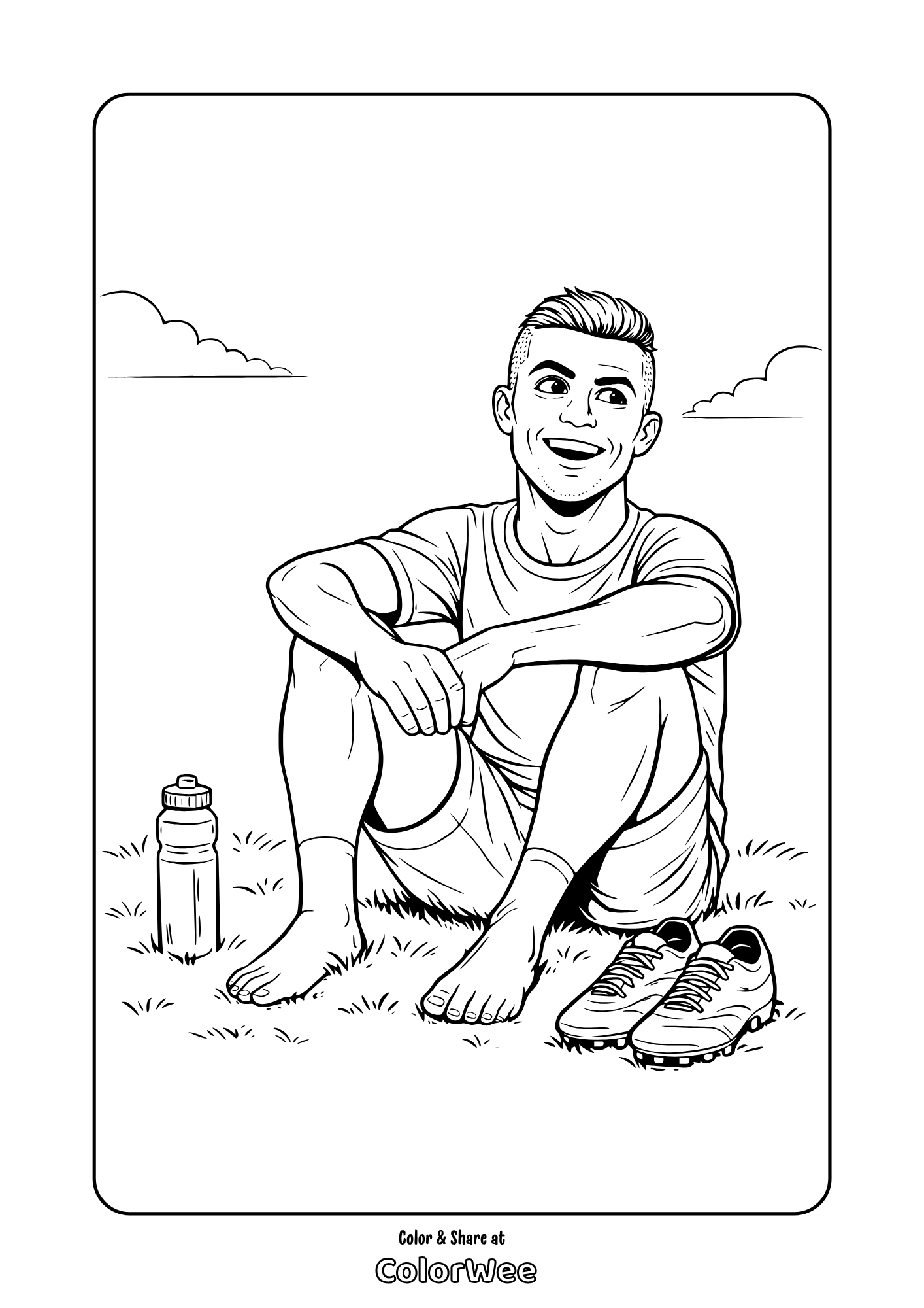 Cristiano Ronaldo resting on field coloring page with cleats and water bottle