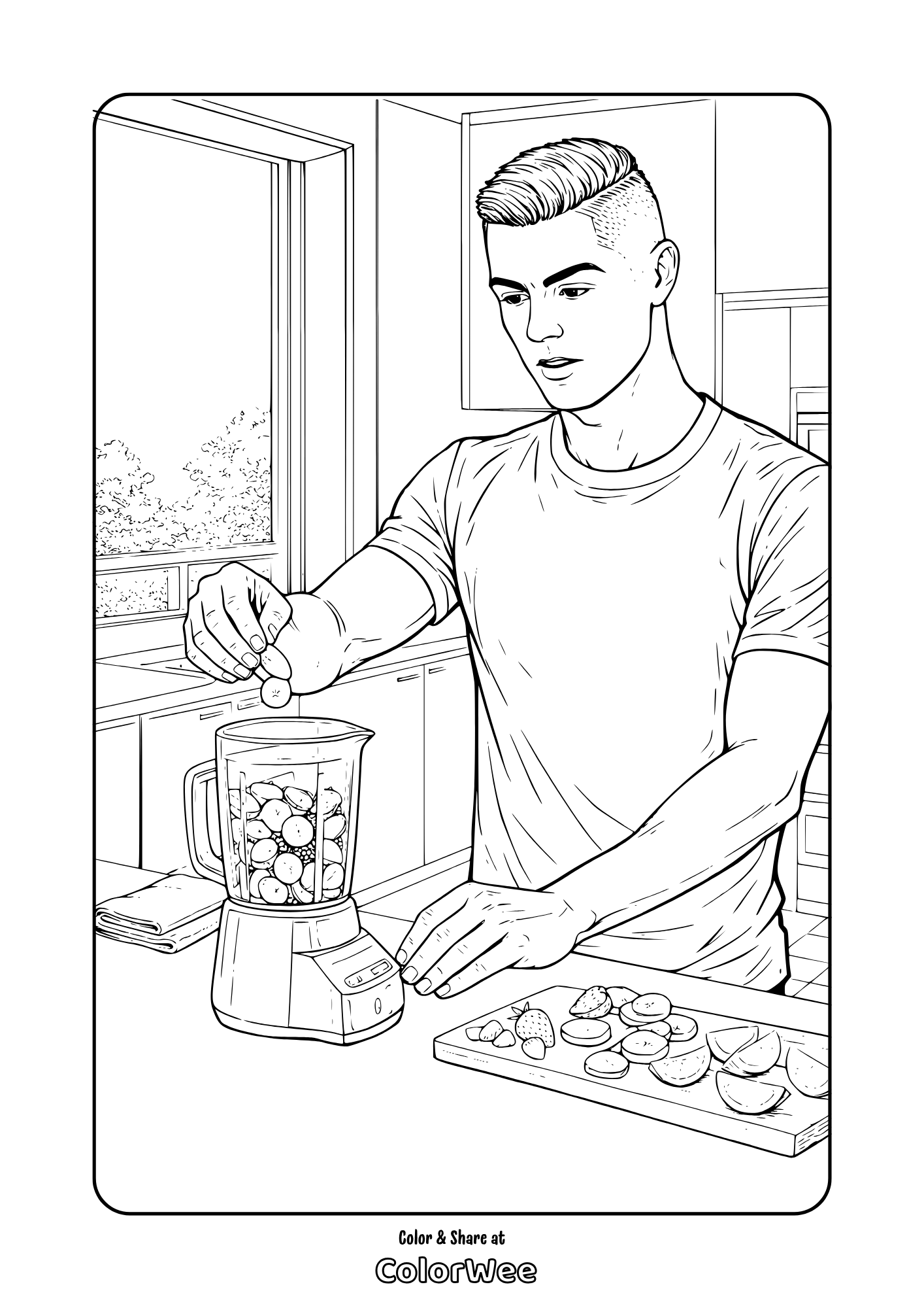 Cristiano Ronaldo adding fruit to blender for smoothie in kitchen coloring page