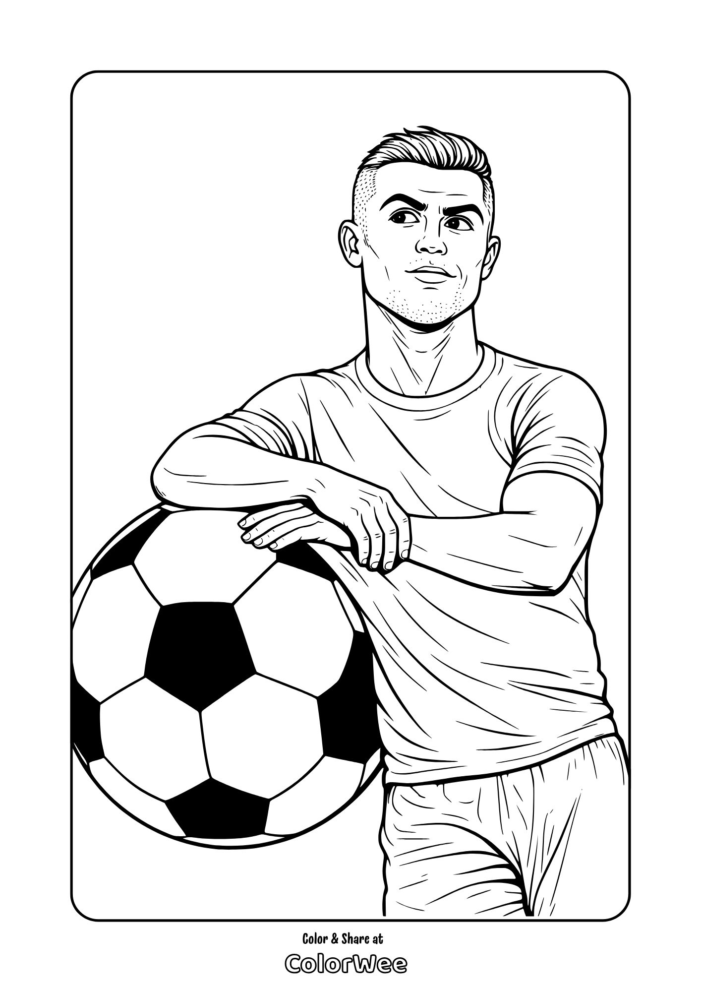 Printable Cristiano Ronaldo eaning on ball coloring page for kids and adults