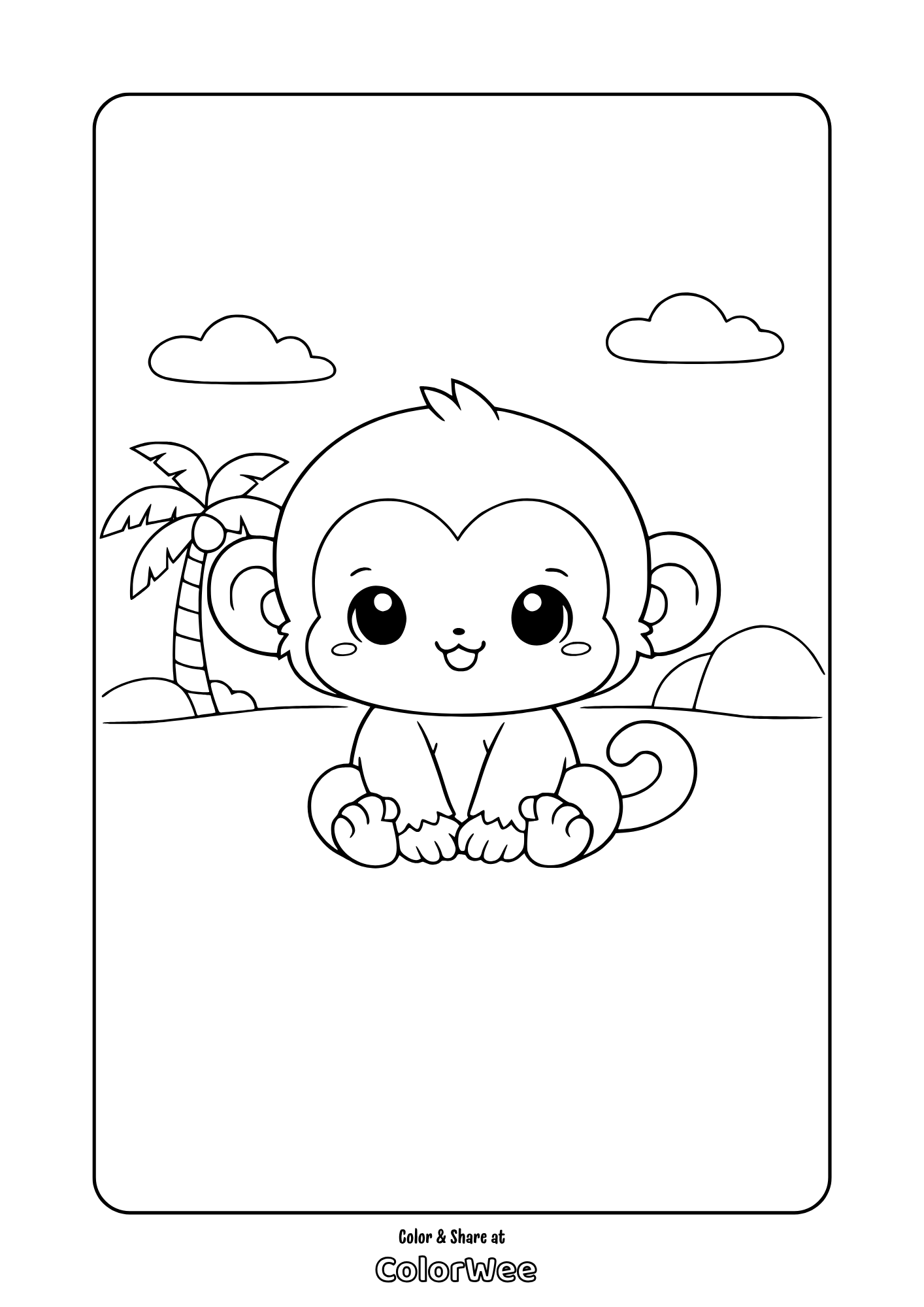 Cute baby monkey jungle coloring page with palm tree and clouds