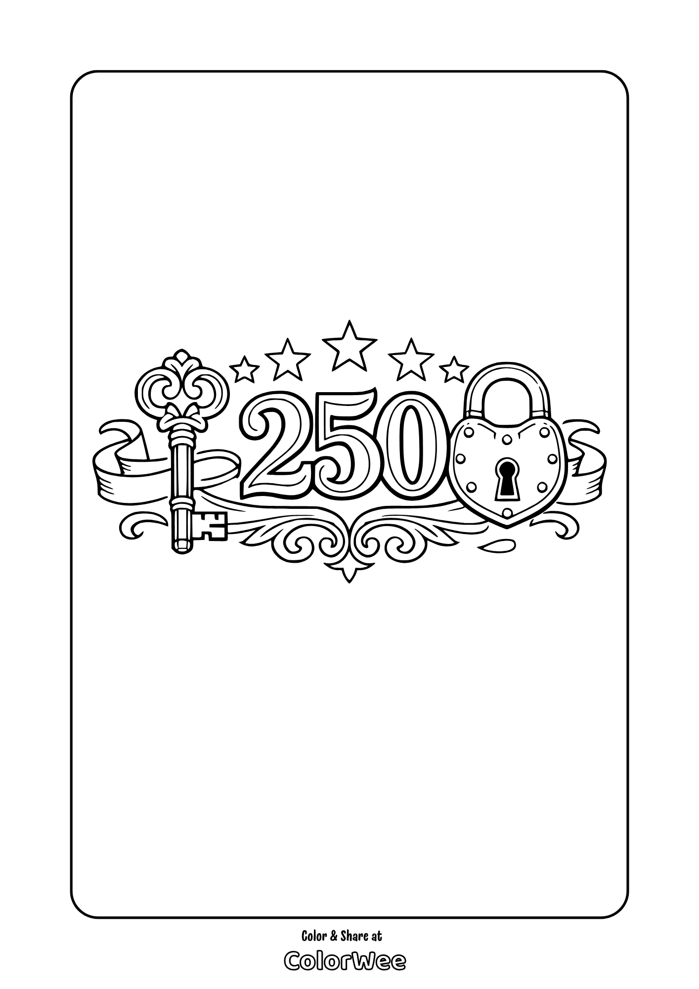 250 key and lock printable coloring page – decorative stars picture to color