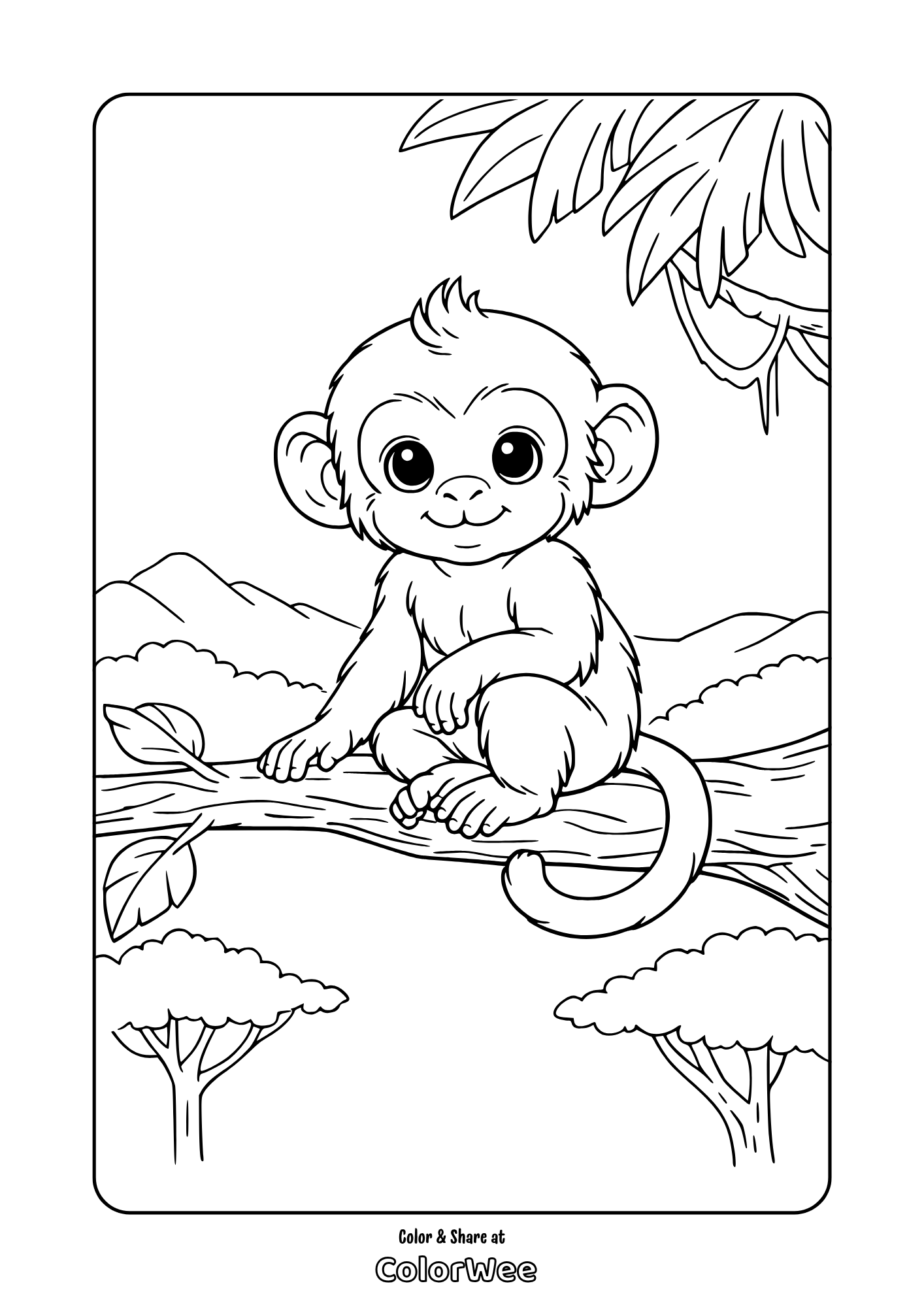 Printable kawaii baby monkey coloring page.