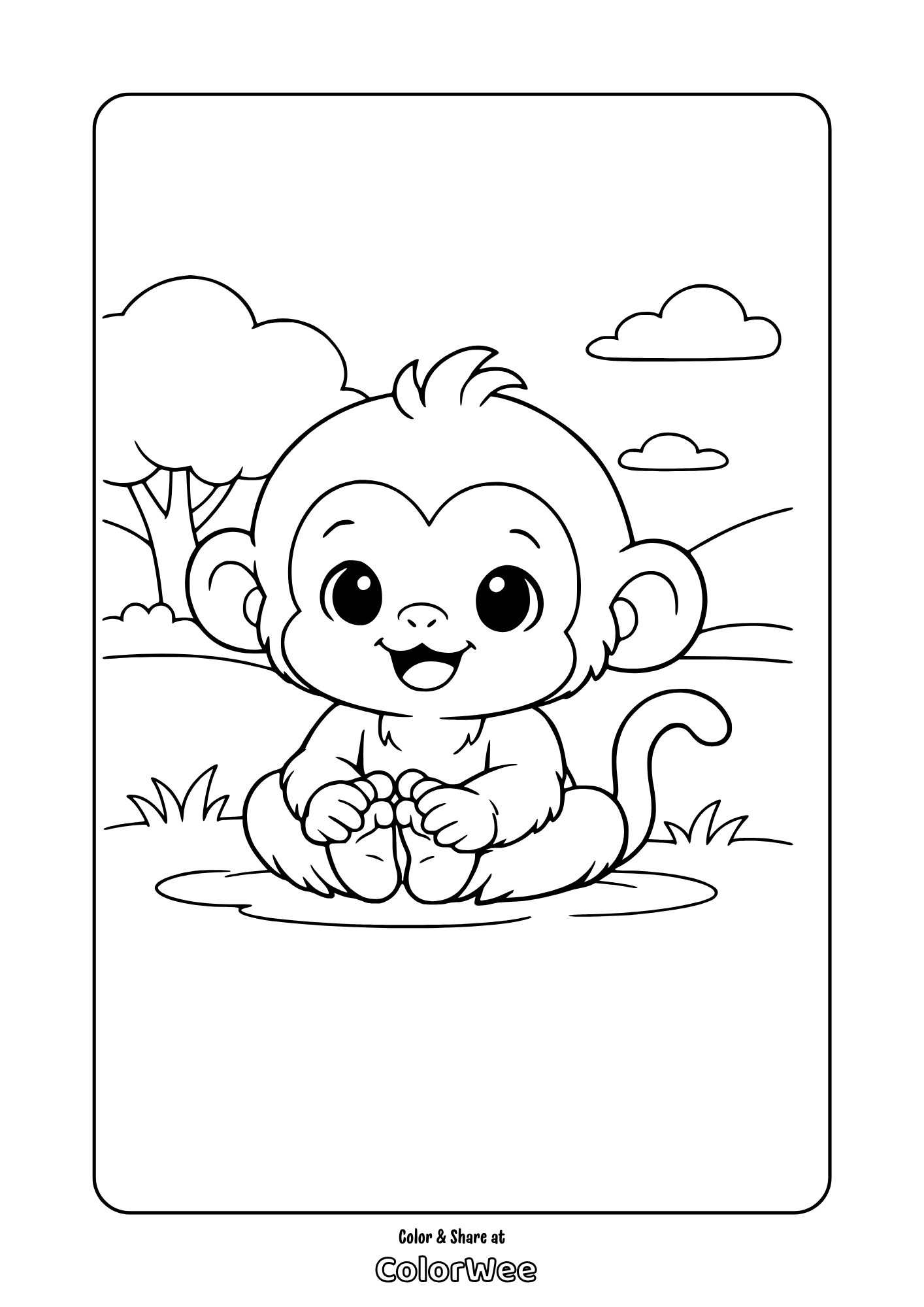 Baby monkey coloring page for kids, cute jungle animal printable