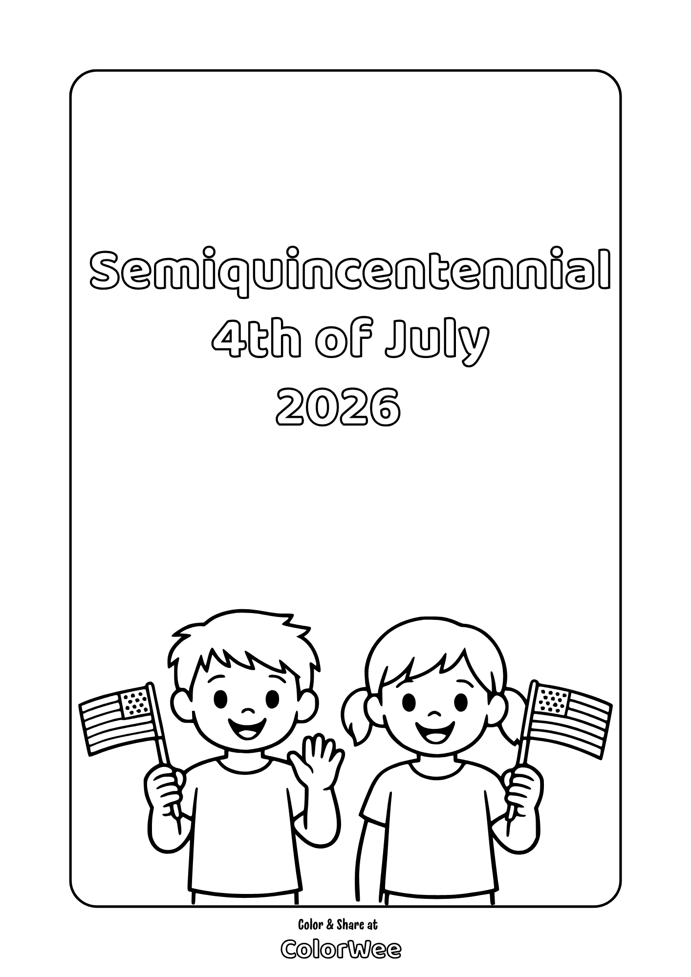 USA 250th 4th of July kids with flags printable coloring sheet