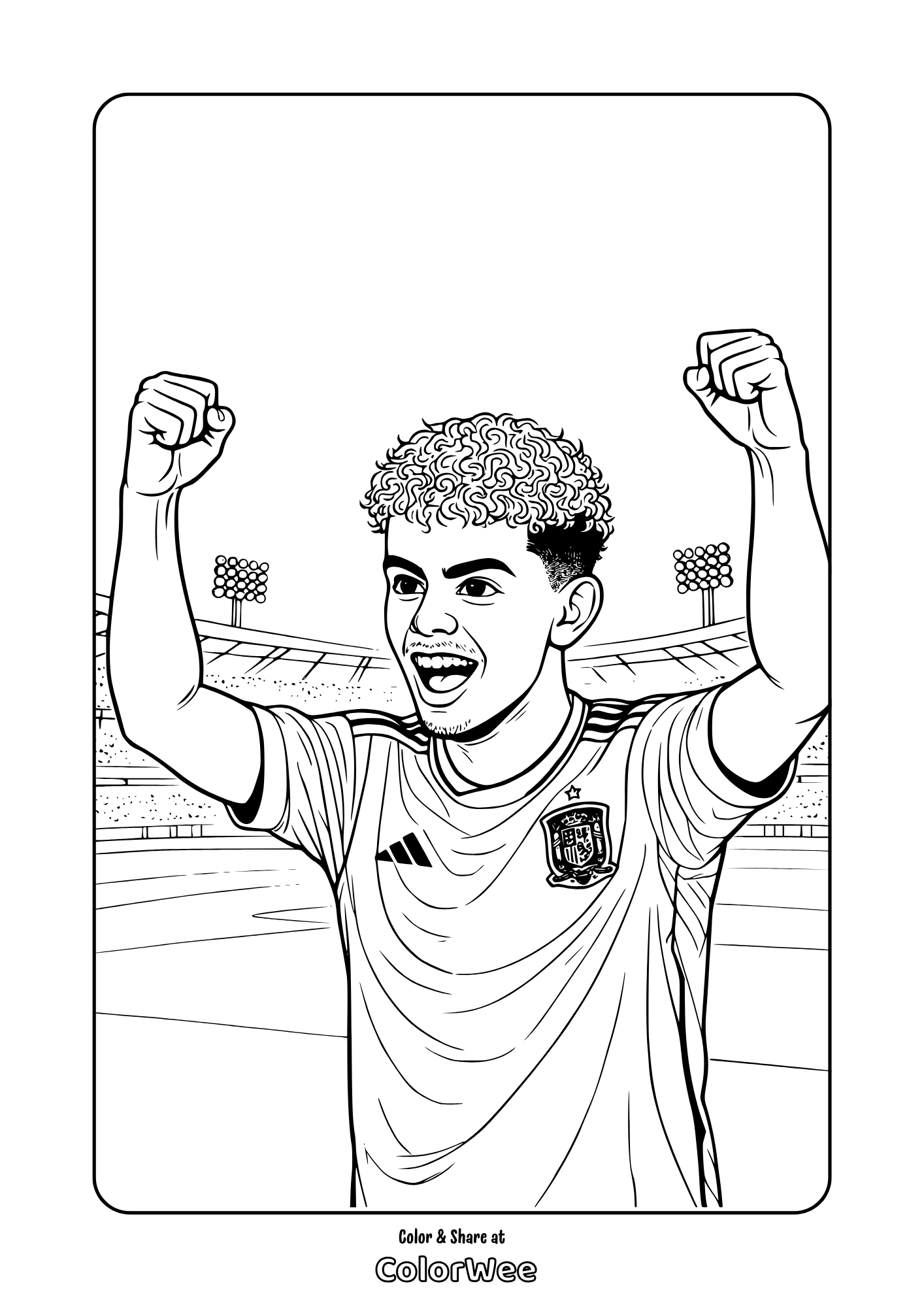 Spain soccer player Lamine Yamal celebrating in stadium coloring page