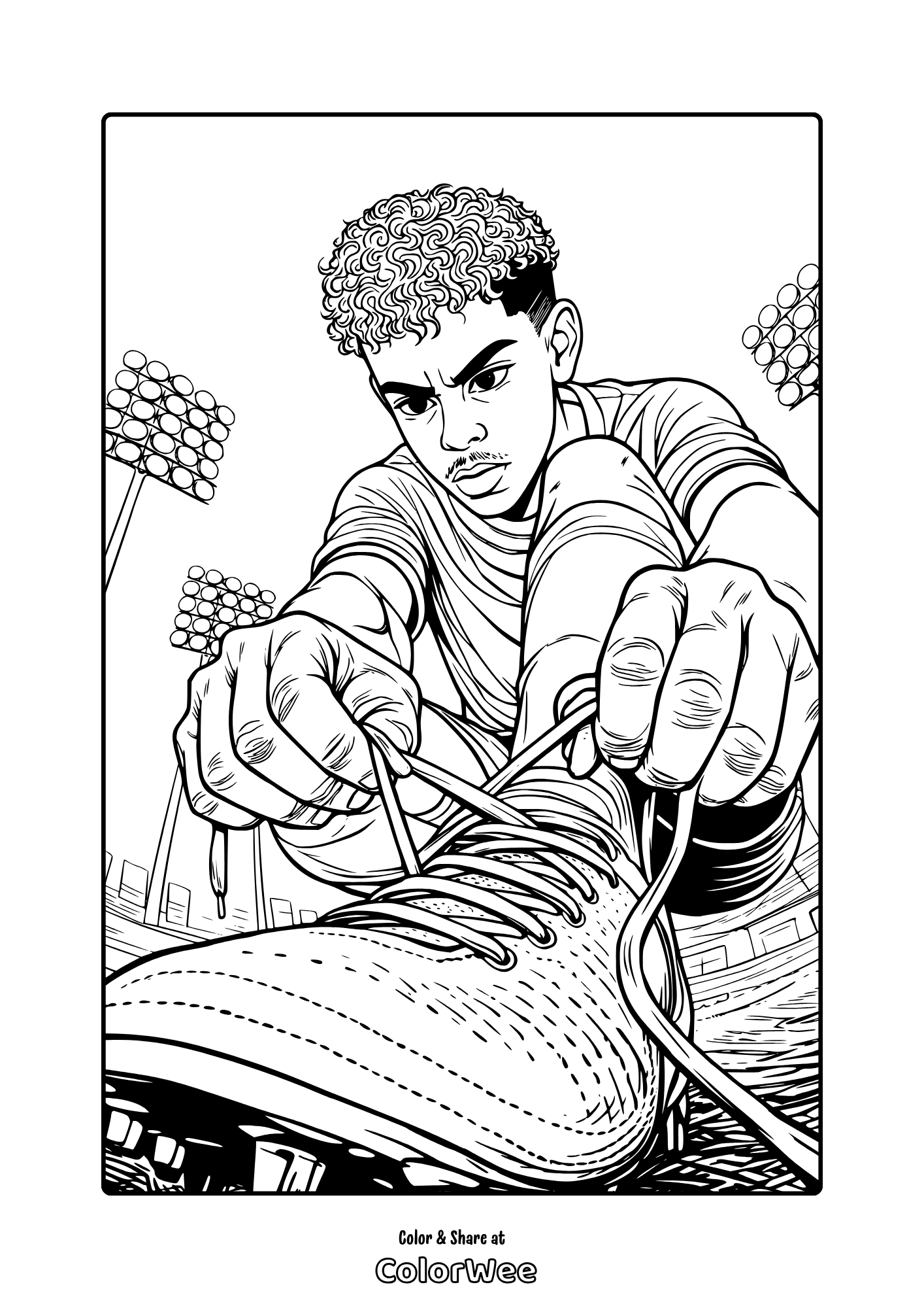 Lamine Yamal lacing cleats in stadium coloring page
