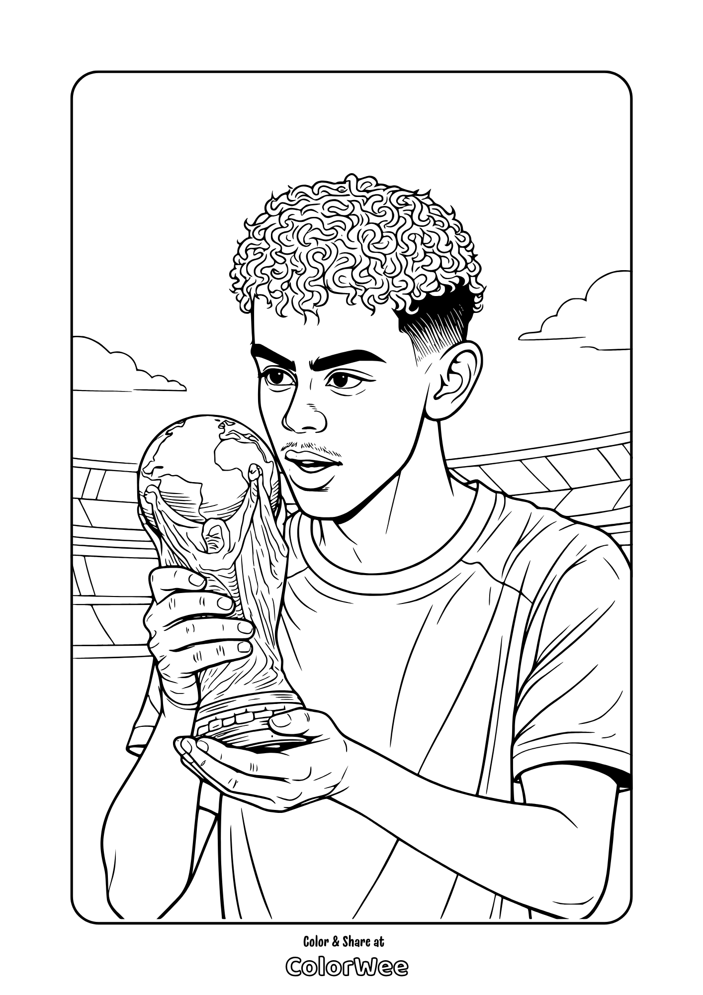 Lamine Yamal holding FIFA World Cup trophy in stadium coloring page