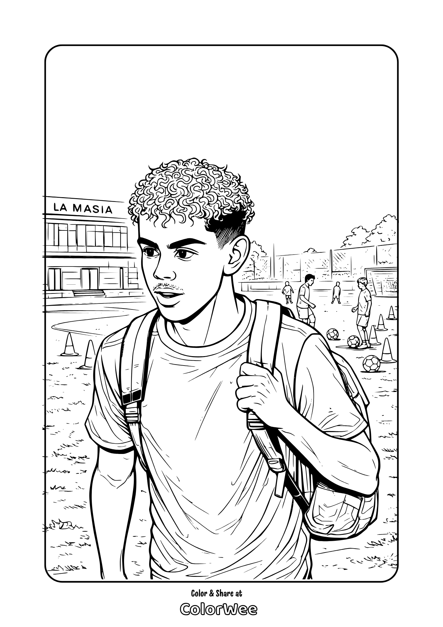 Teen sLamine Yamal with backpack at academy field coloring page