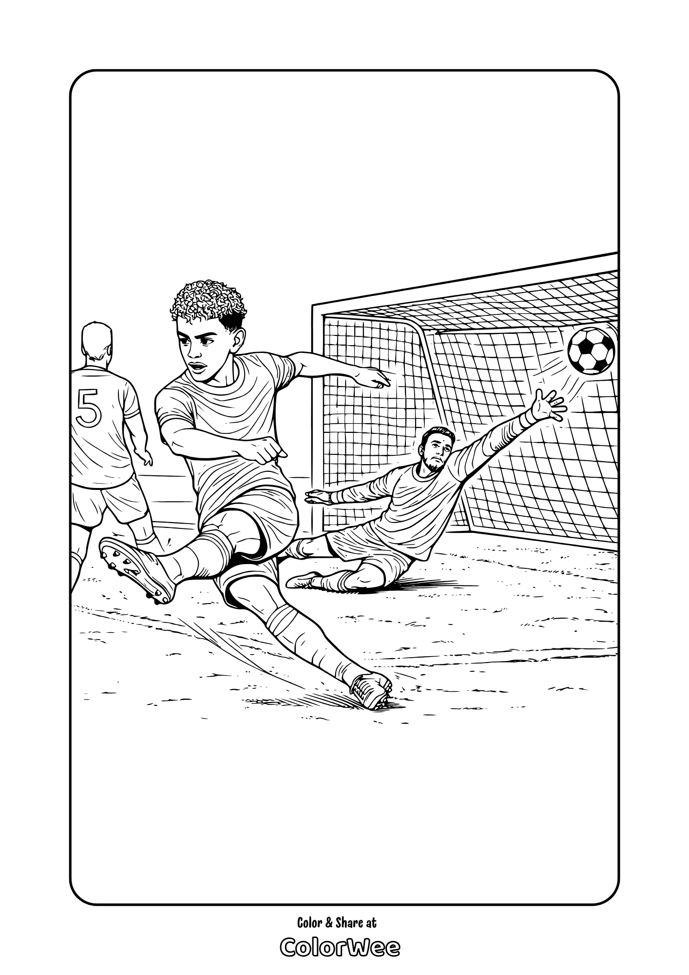 Lamine Yamal coloring page shooting past diving goalie