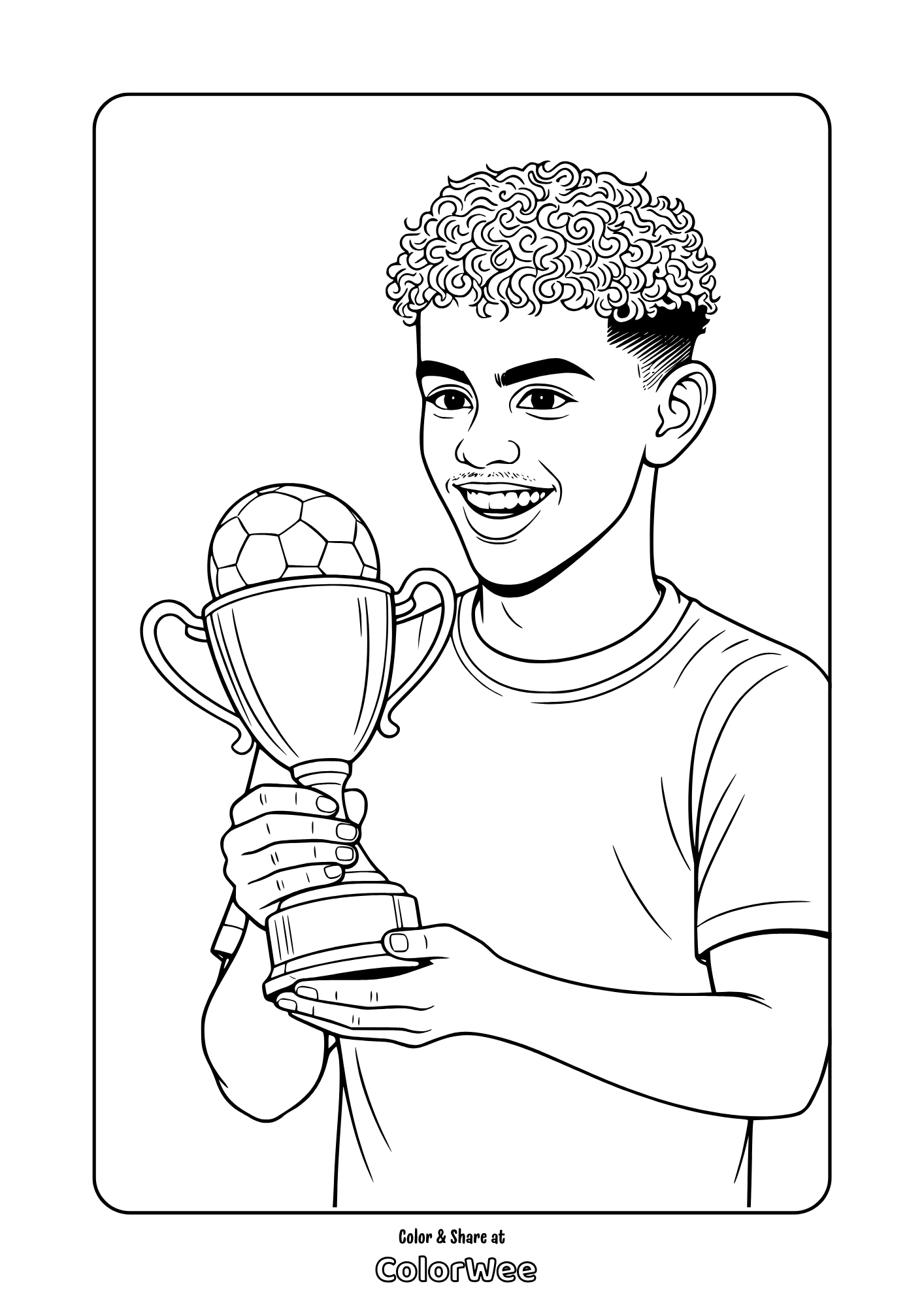 Smiling Lamine Yamal holding a soccer trophy coloring page for kids