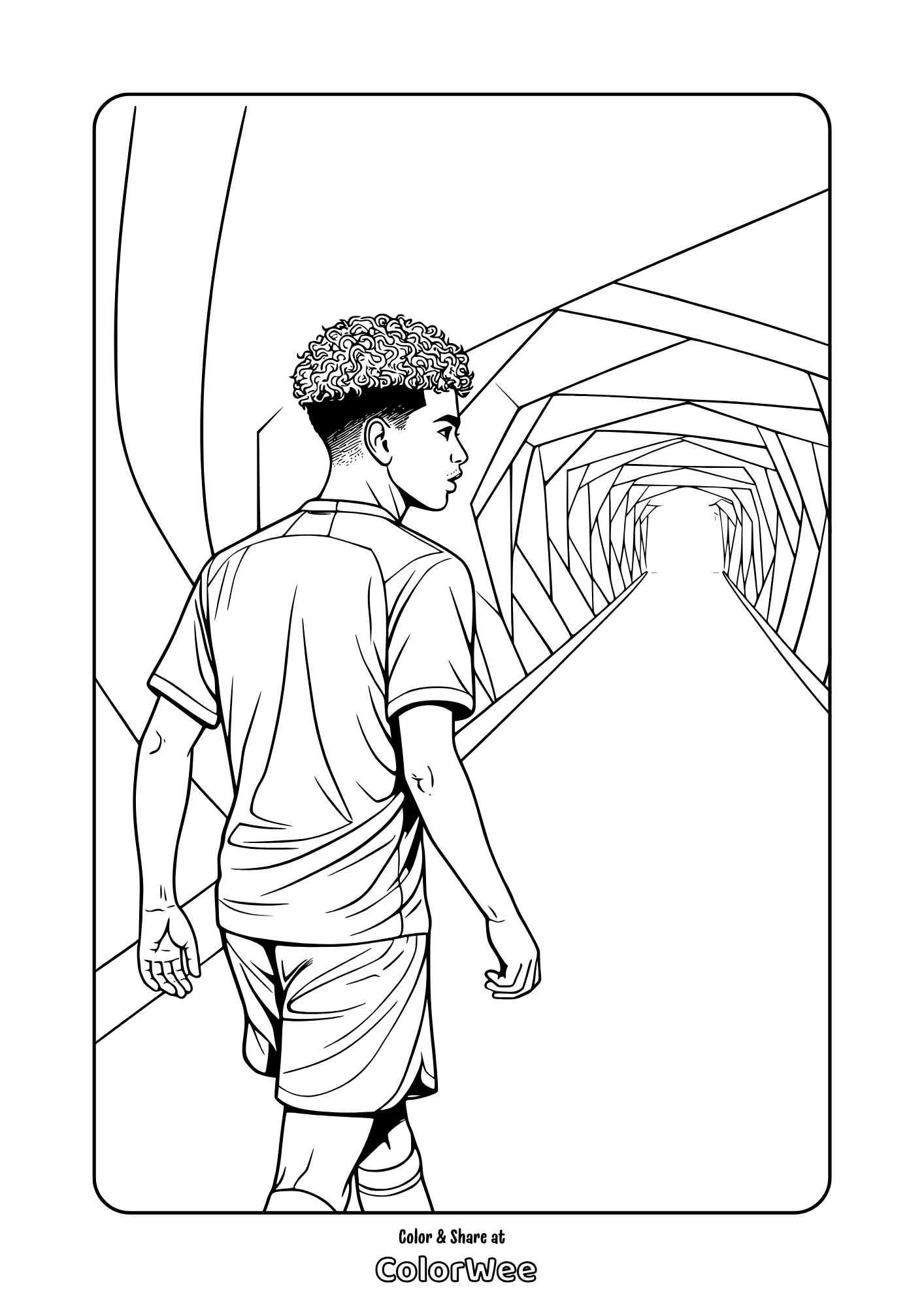 Lamine Yamal walking through geometric tunnel coloring page