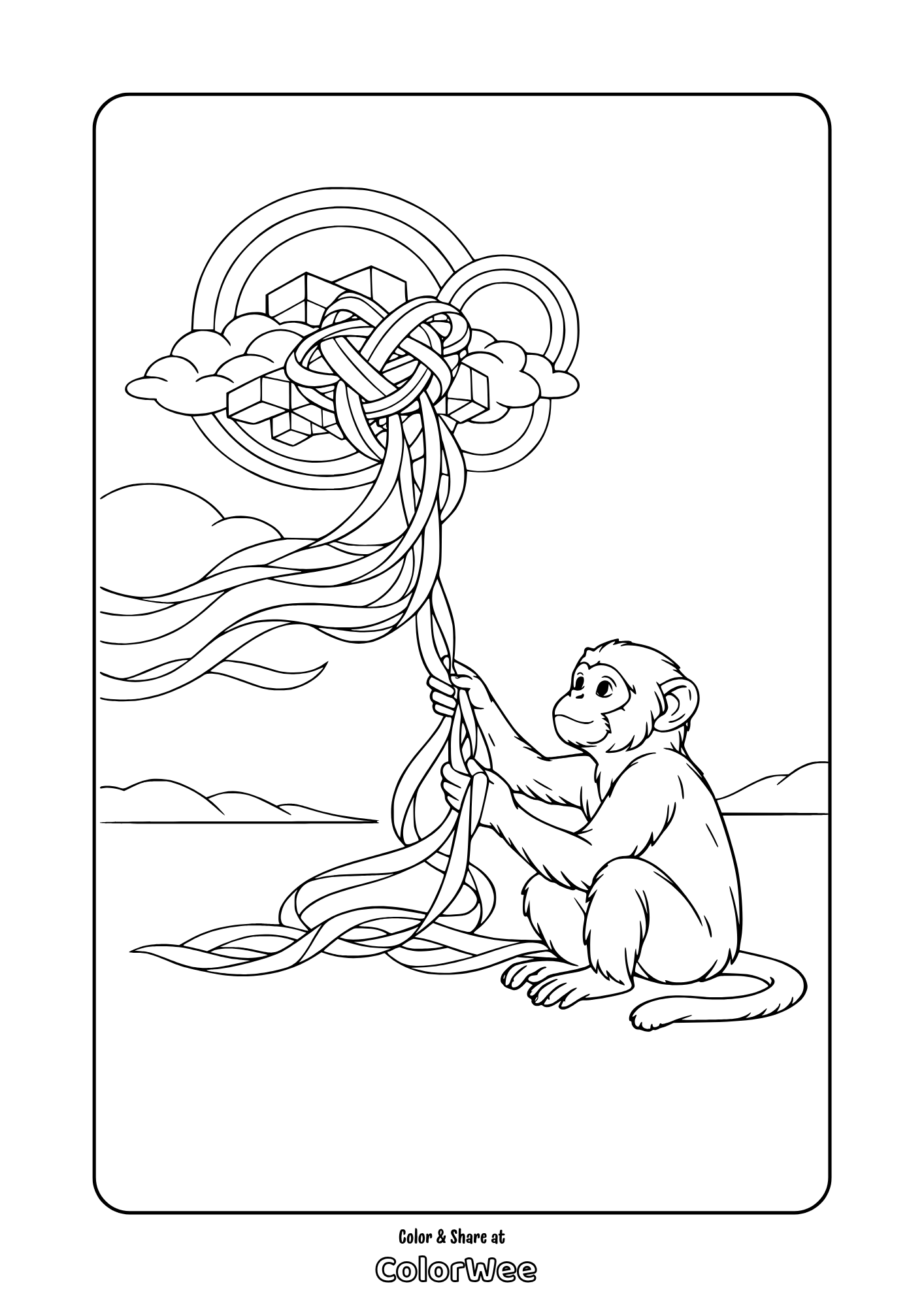 Cute monkey with braided rainbow ribbons coloring page for kids