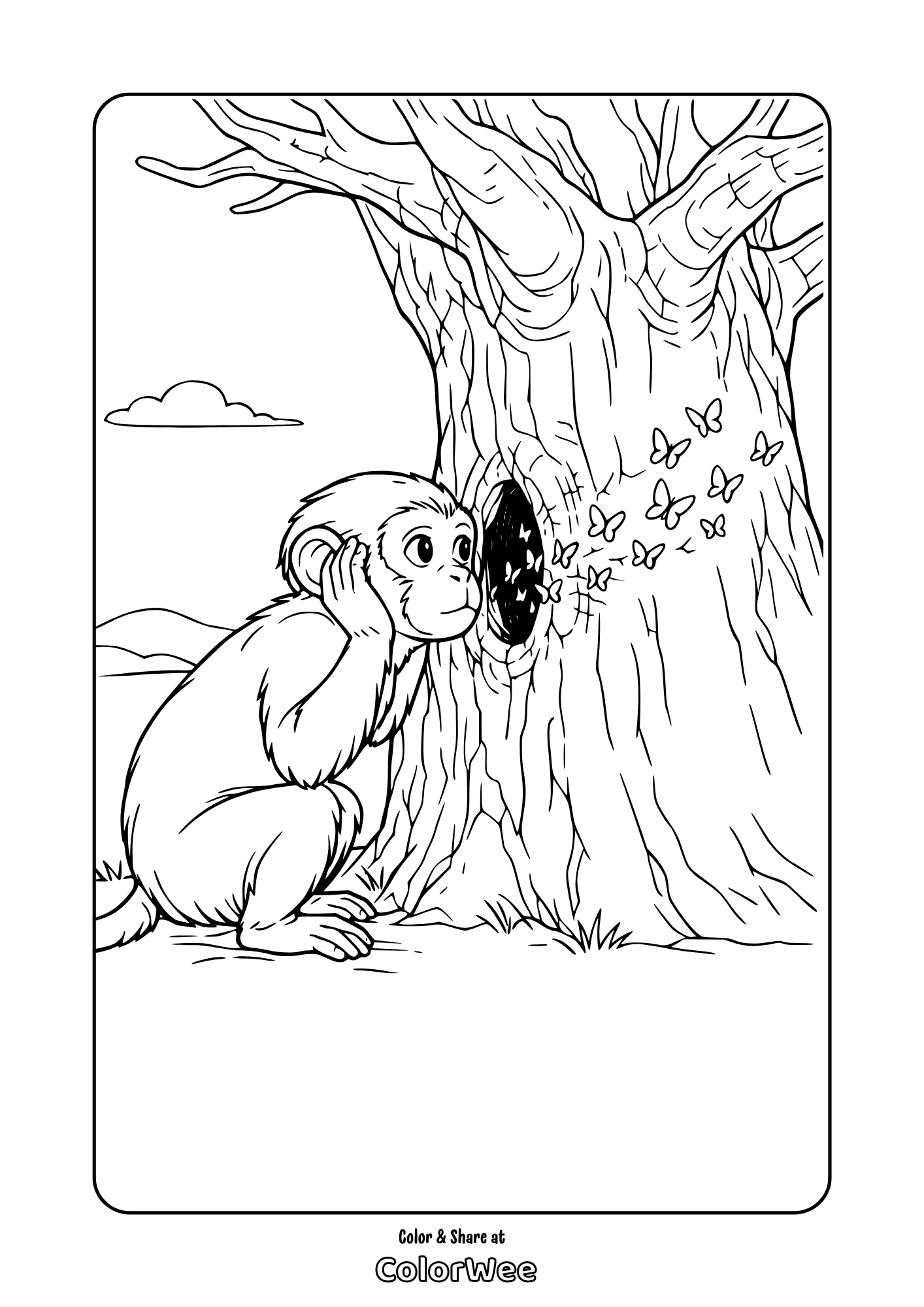Curious monkey by tree hole with butterflies coloring page
