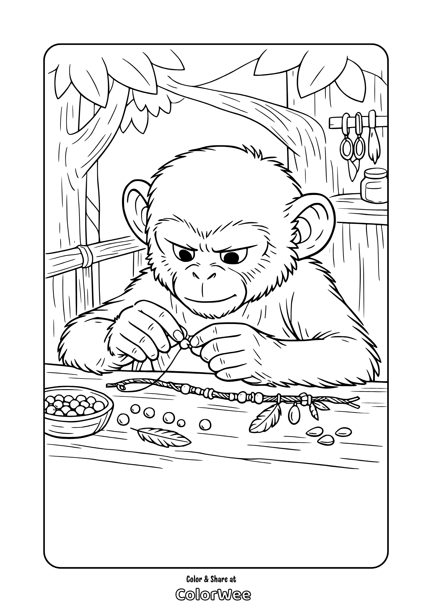 Monkey making bead bracelet in jungle hut coloring page