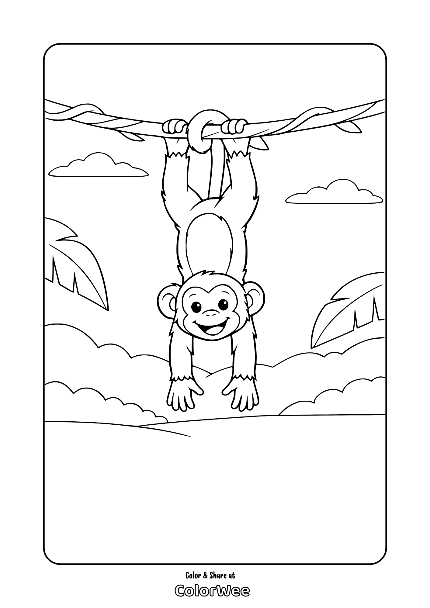Smiling monkey hanging on jungle vine coloring page for kids