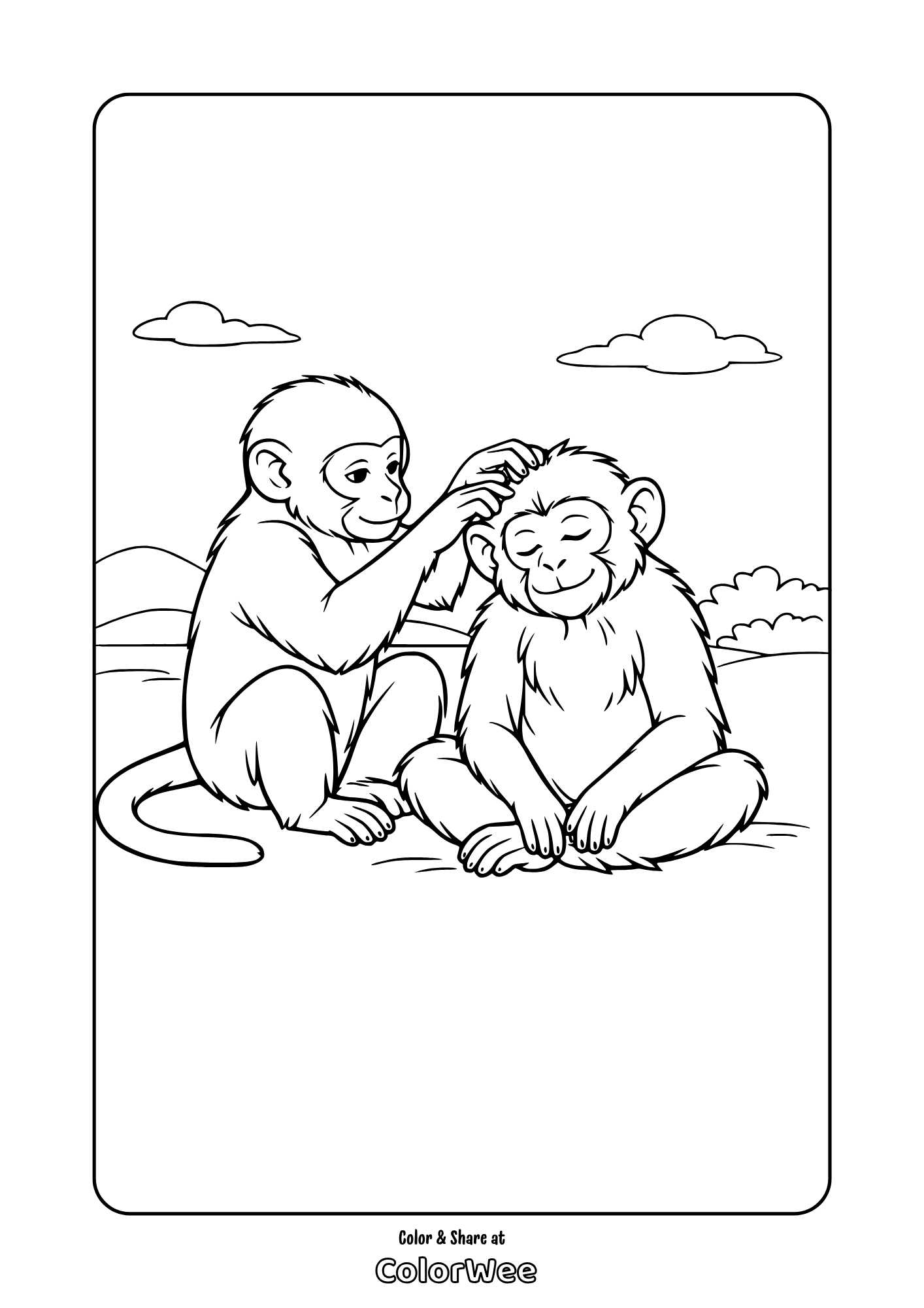 Cute baby monkeys grooming together coloring page for kids