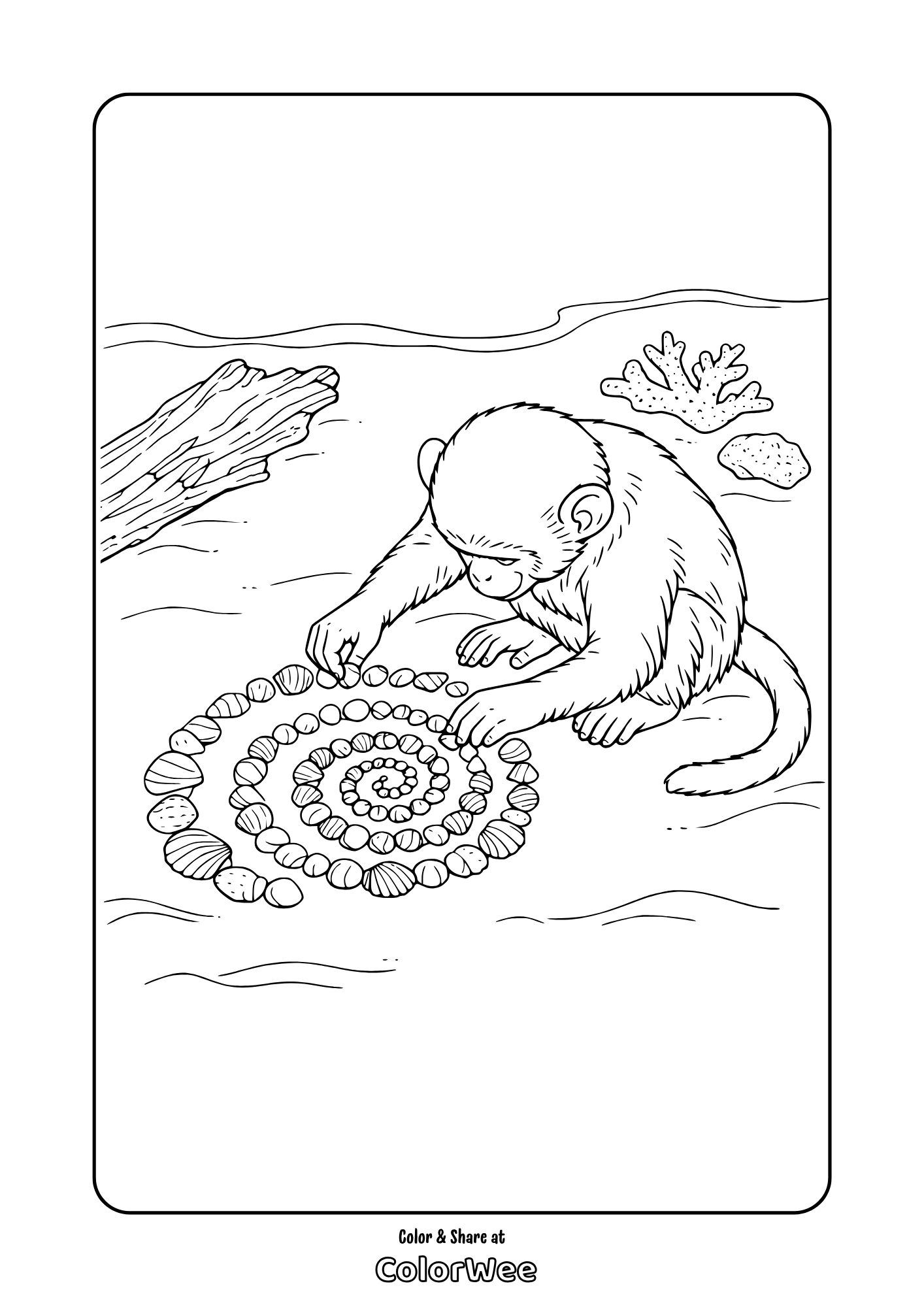 Baby monkey arranging seashell spiral on beach coloring page