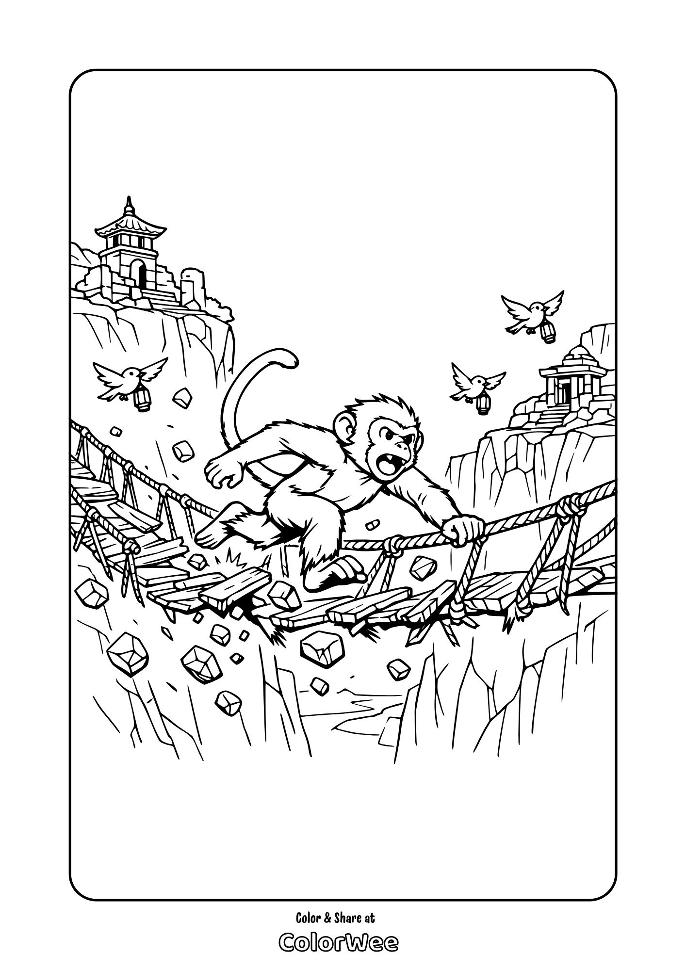 Monkey on rope bridge coloring page with temples and falling rocks